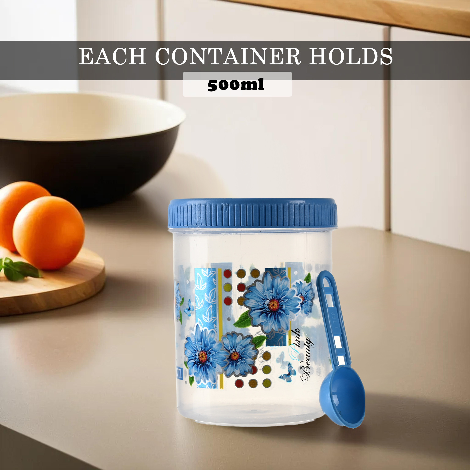 Kuber Industries  Set of 3  Storage Containers  500 ML Plastic Kitchen Container for Rice Cereals Snacks Dry Fruits  Kitchen Jar with Spoon  Masala Box for Kitchen  Spice Boxes  Blue