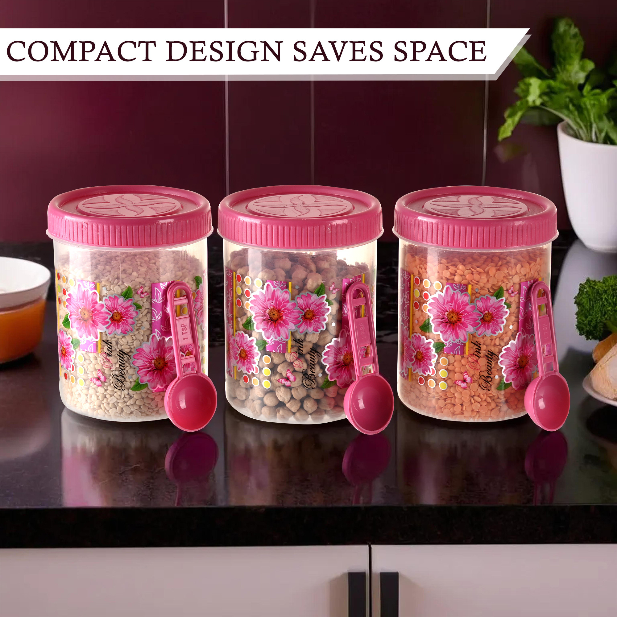 Kuber Industries  Set of 3  Storage Containers  500 ML Plastic Kitchen Container for Rice Cereals Snacks Dry Fruits  Kitchen Jar with Spoon  Masala Box for Kitchen  Spice Boxes  Pink