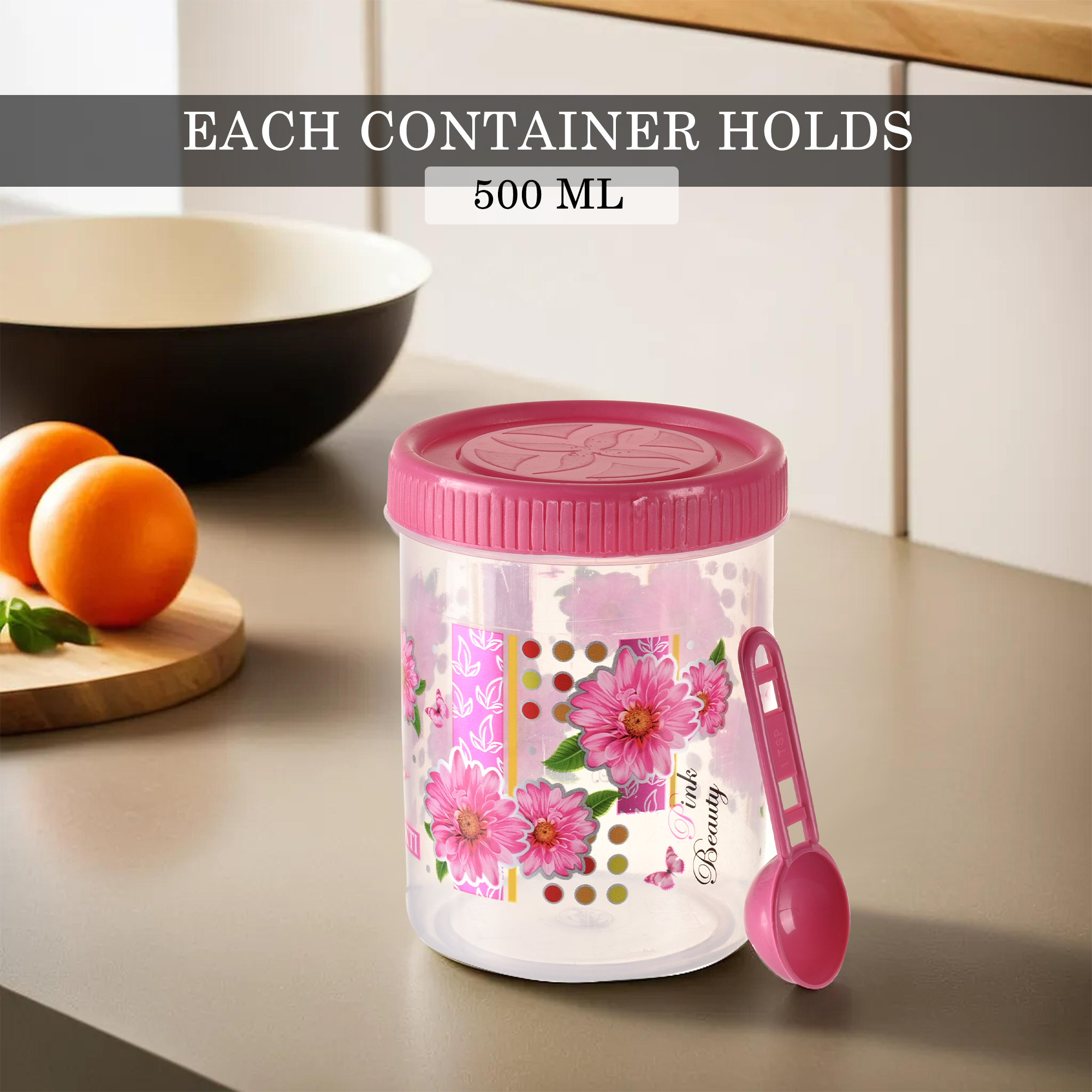 Kuber Industries  Set of 3  Storage Containers  500 ML Plastic Kitchen Container for Rice Cereals Snacks Dry Fruits  Kitchen Jar with Spoon  Masala Box for Kitchen  Spice Boxes  Pink