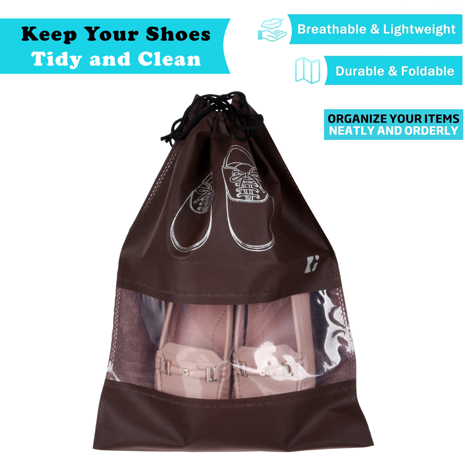 Kuber Industries  Shoe Bags  Shoe Bags for Travel  Non-Woven Shoe Storage Bags  Storage Organizers Set  Shoe Cover with Transparent Window  Shoe Dori Cover  Coffee