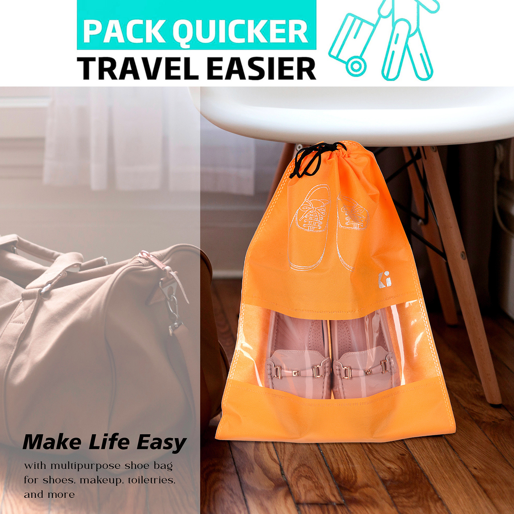 Kuber Industries  Shoe Bags  Shoe Bags for Travel  Non-Woven Shoe Storage Bags  Storage Organizers Set  Shoe Cover with Transparent Window  Shoe Dori Cover  Orange