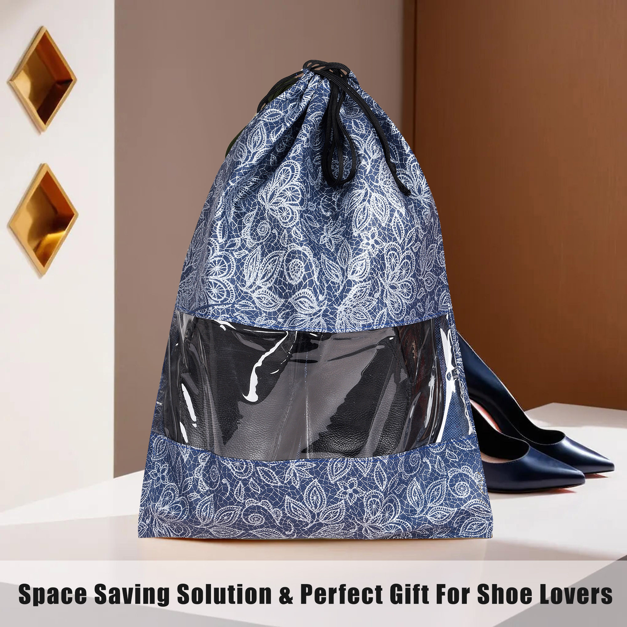 Kuber Industries  Shoe Bags  Travel Shoe Bags  Drawstring Shoe Bags  Storage Organizers Set  Shoe Cover with Transparent Window  Shoe Dori Pouches  Flower Printed  Navy Blue