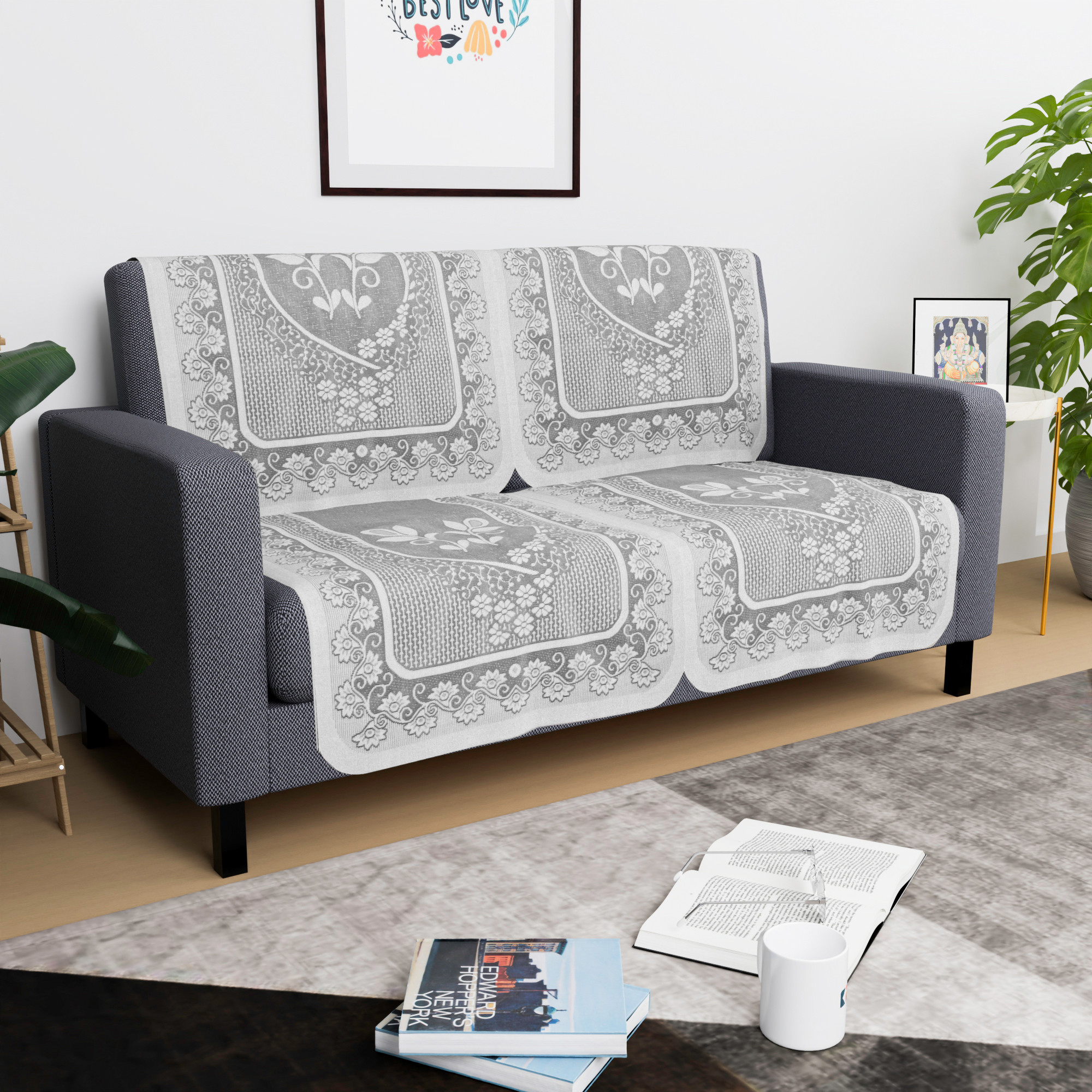 Kuber Industries  Sofa Set Cover  Sofa Slipcover Protector for Home Living Room Hall  Office Couch  Net S19 Flower- Grey