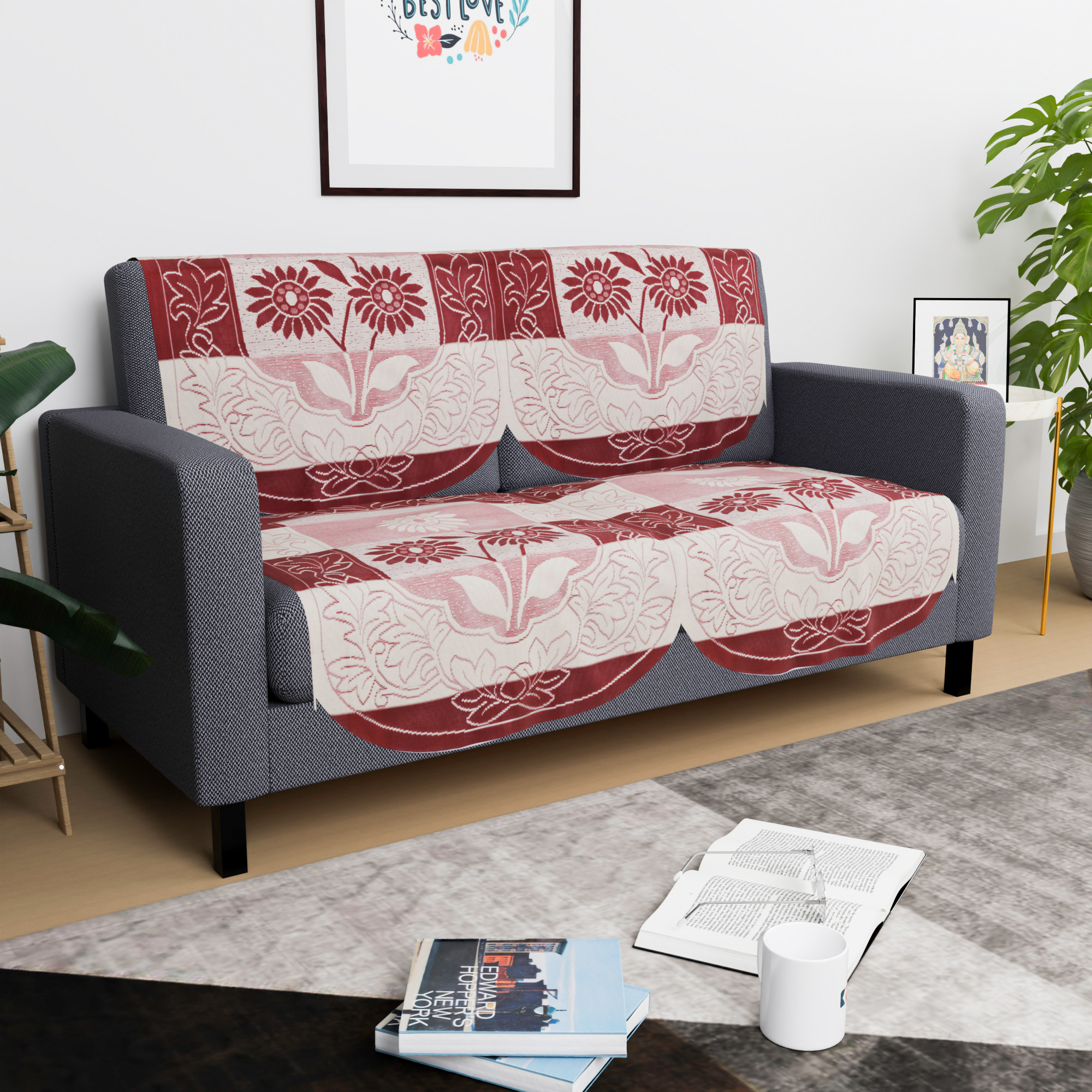 Kuber Industries  Sofa Set Cover  Sofa Slipcover Protector for Home Living Room Hall  Office Couch  Flower Strips- Red  Cream