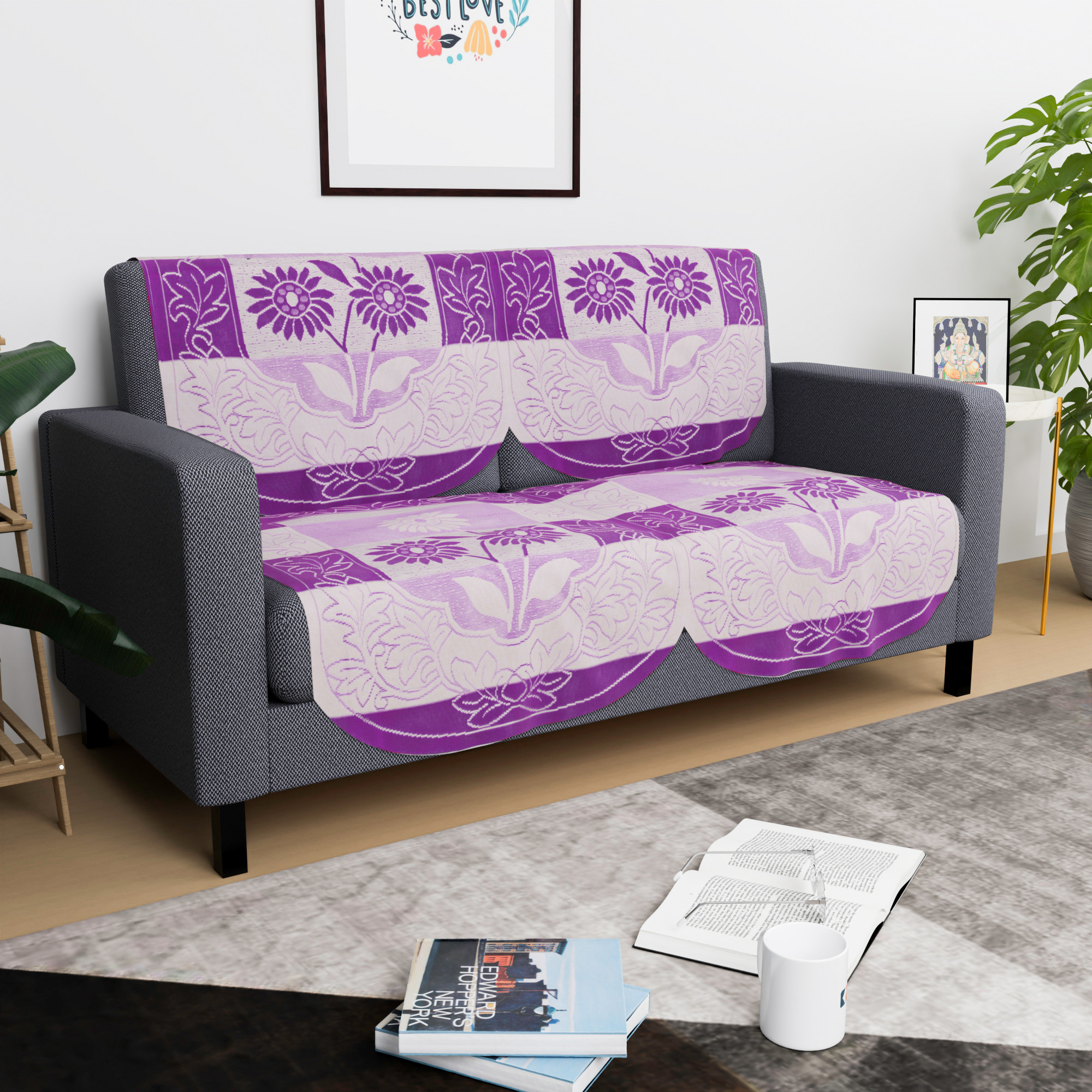 Kuber Industries  Sofa Set Cover  Sofa Slipcover Protector for Home Living Room Hall  Office Couch  Flower Strips- Purple