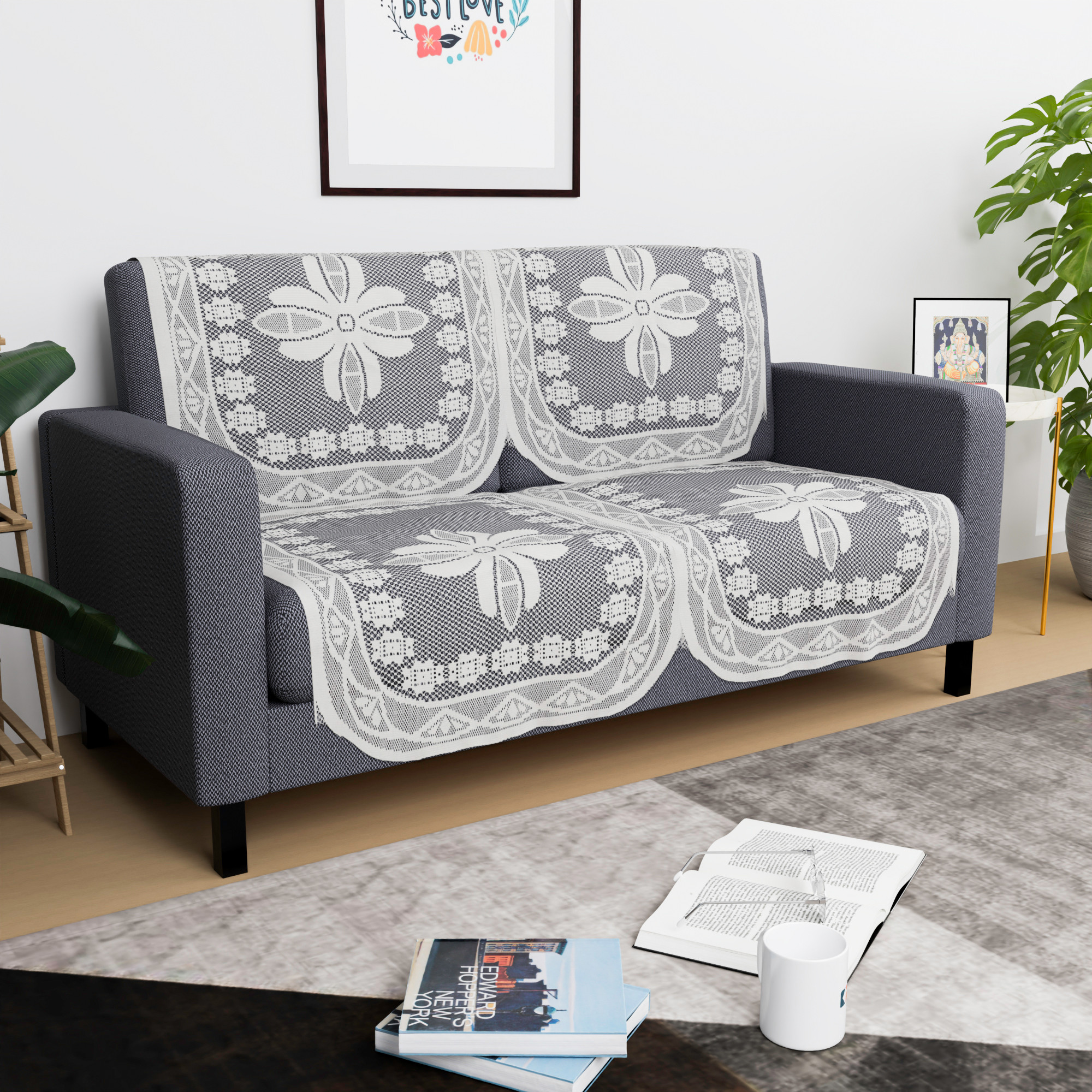 Kuber Industries  Sofa Set Cover  Sofa Slipcover Protector for Home Living Room Hall  Office Couch  Net Croshia- White