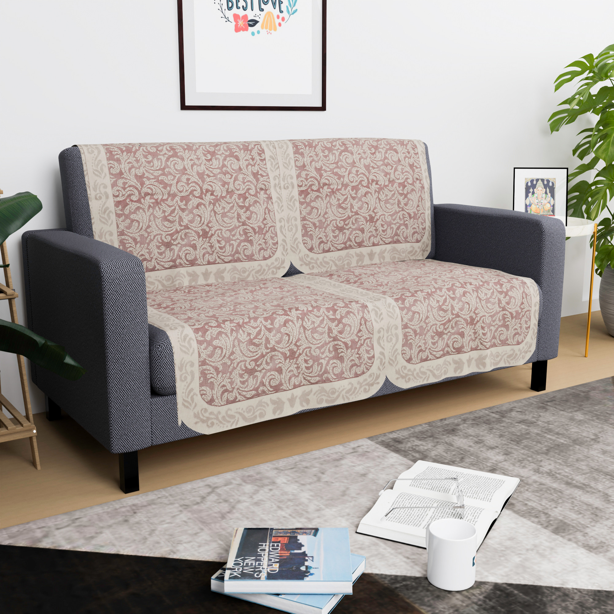 Kuber Industries  Sofa Set Cover  Sofa Slipcover Protector for Home Living Room Hall  Office Couch  Net Leaf Design- Maroon