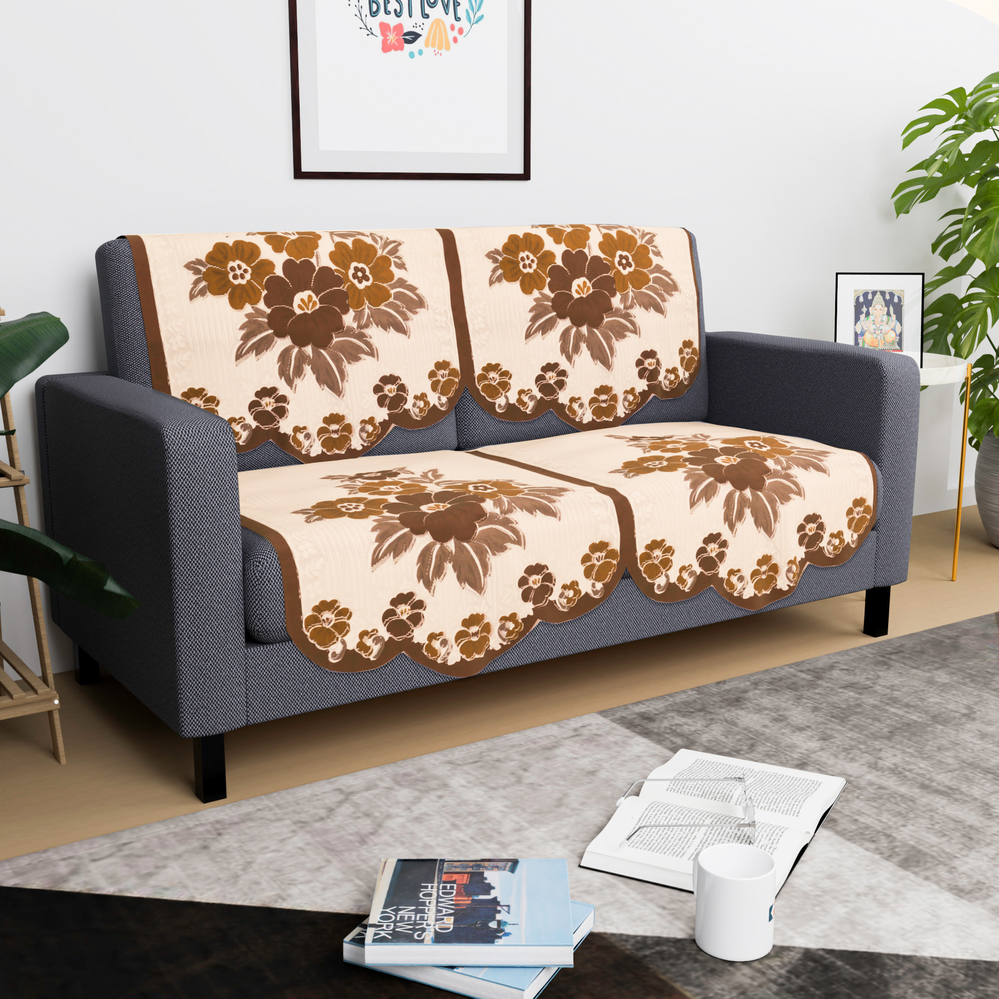 Kuber Industries  Sofa Set Cover  Sofa Slipcover Protector for Home Living Room Hall  Office Couch  Painting- Cream  Brown