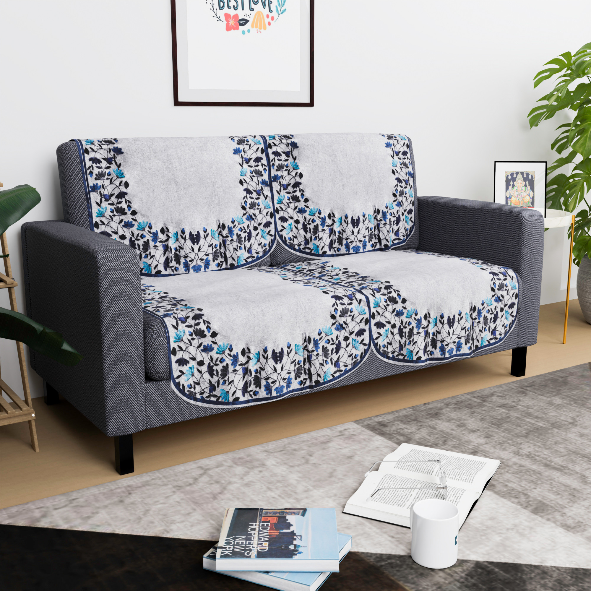 Kuber Industries  Sofa Set Cover  Sofa Slipcover Protector for Home Living Room Hall  Office Couch  Digital Leaf -Blue  Grey