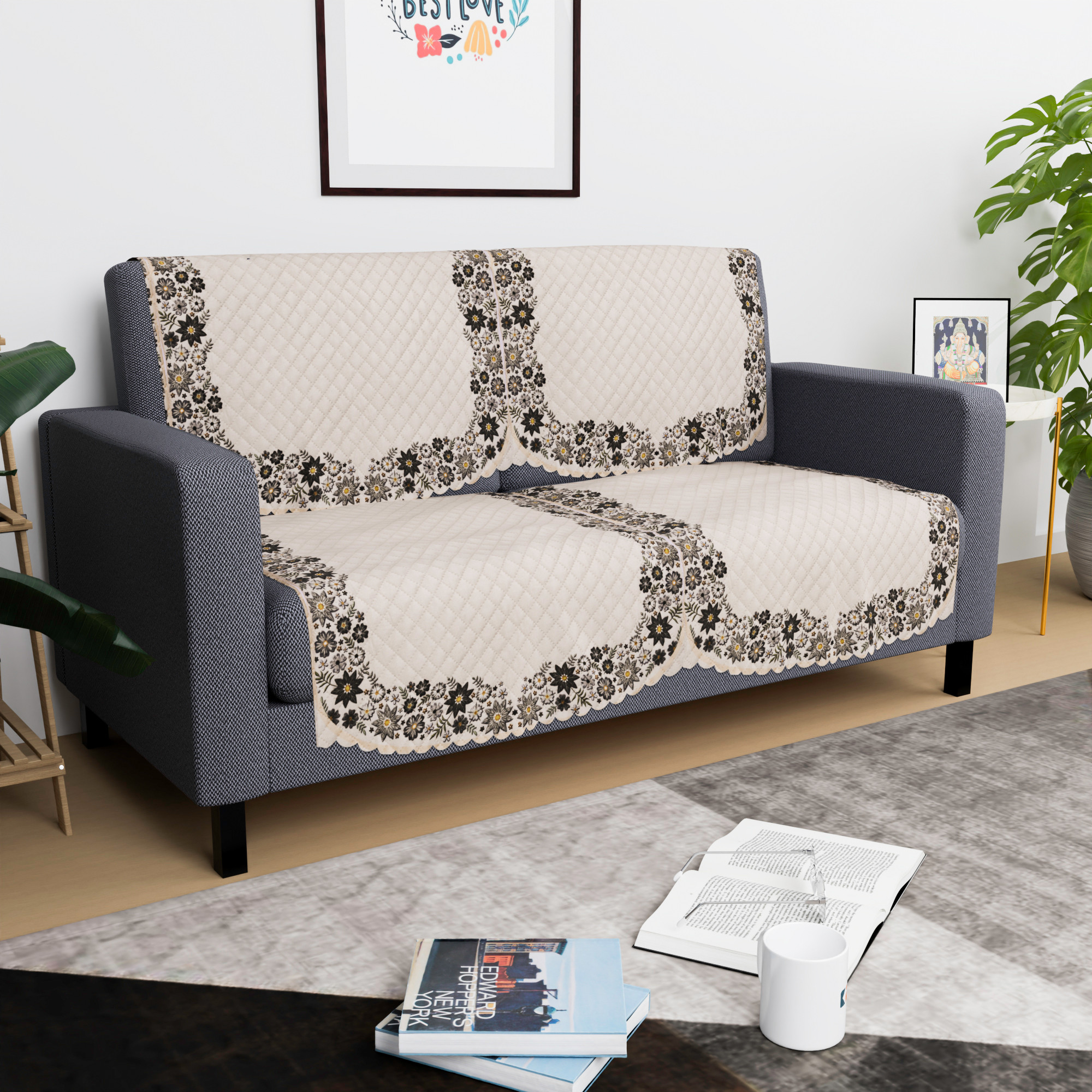 Kuber Industries  Sofa Set Cover  Sofa Slipcover Protector for Home Living Room Hall  Office Couch  Quilted Border Paiting - Cream