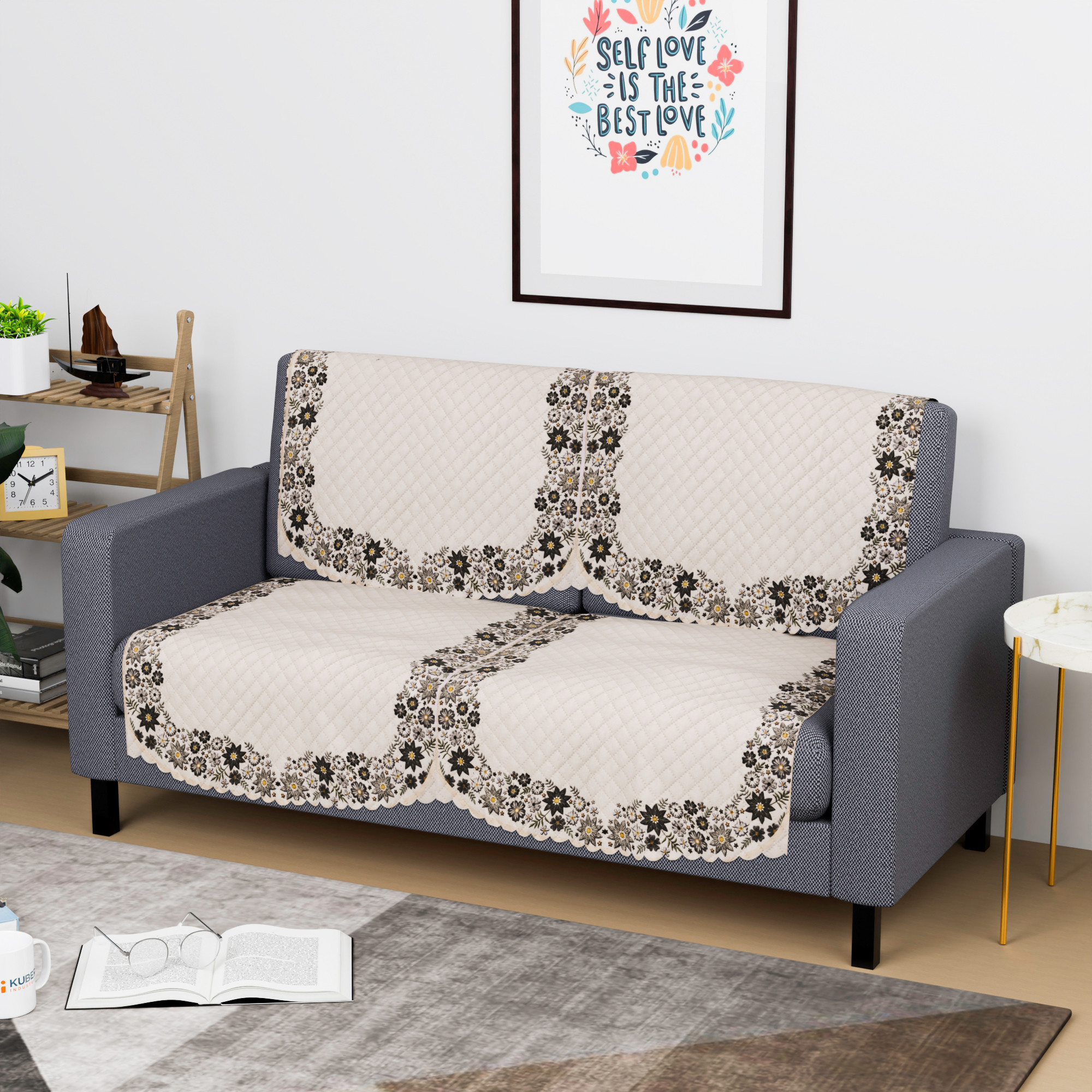 Kuber Industries  Sofa Set Cover  Sofa Slipcover Protector for Home Living Room Hall  Office Couch  Quilted Border Paiting - Cream