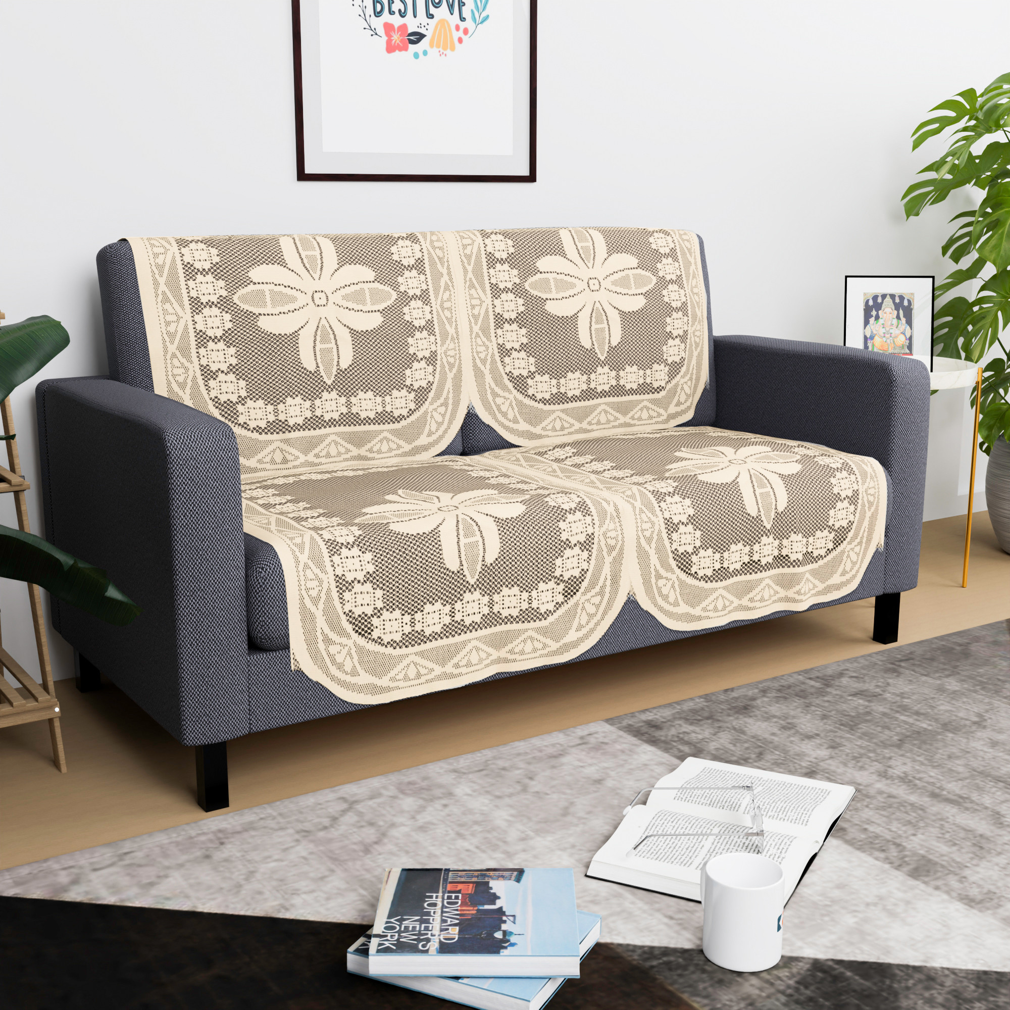Kuber Industries  Sofa Set Cover  Sofa Slipcover Protector for Home Living Room Hall  Office Couch  Net Croshia - Cream