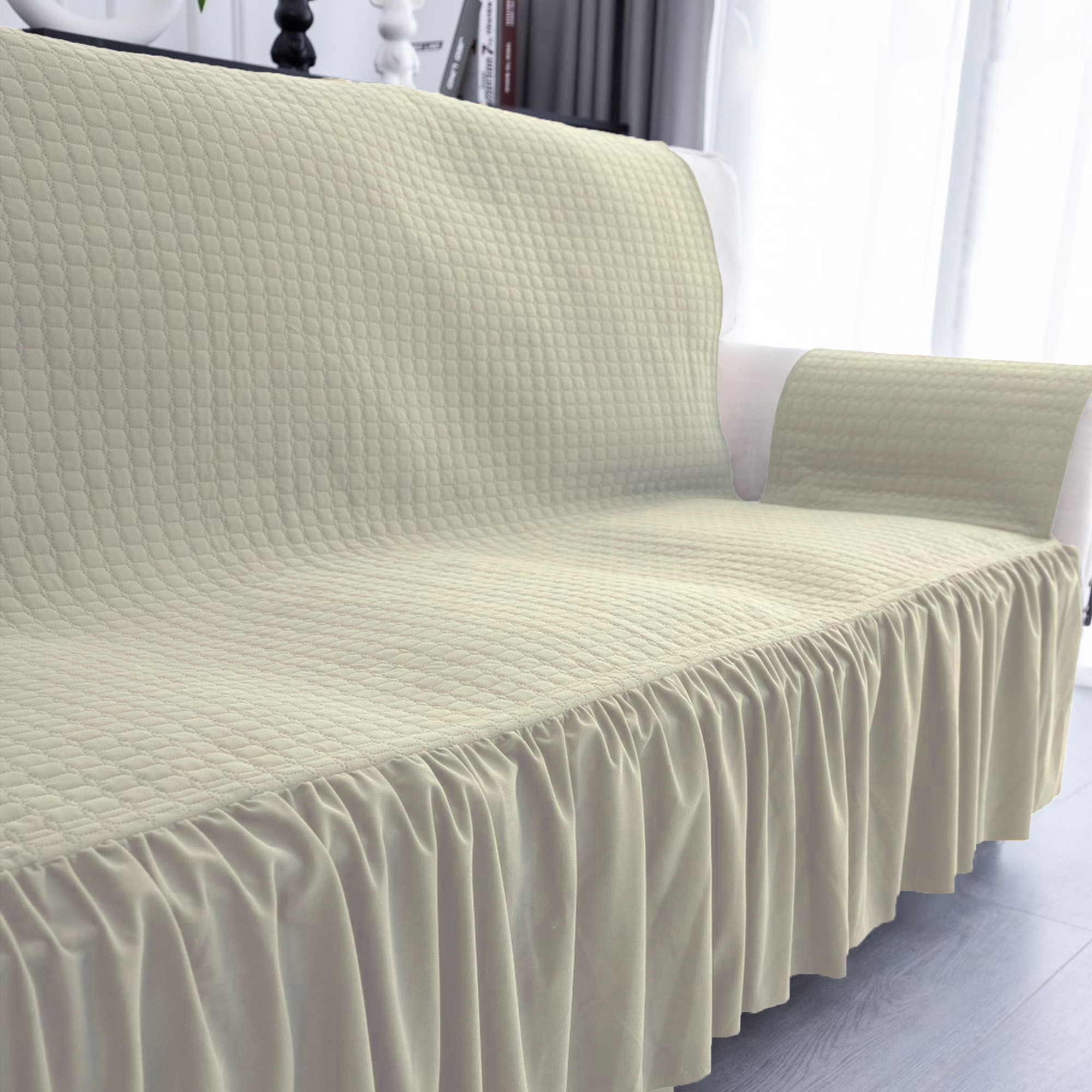 Kuber Industries  Soft Velvet Full Sofa Cover with Pocket Arms  Easy to Clean  Maintain Sofa SlipcoverCouch Protector Cloth with Sofa Hand Rest Cover for Living Room  Cream