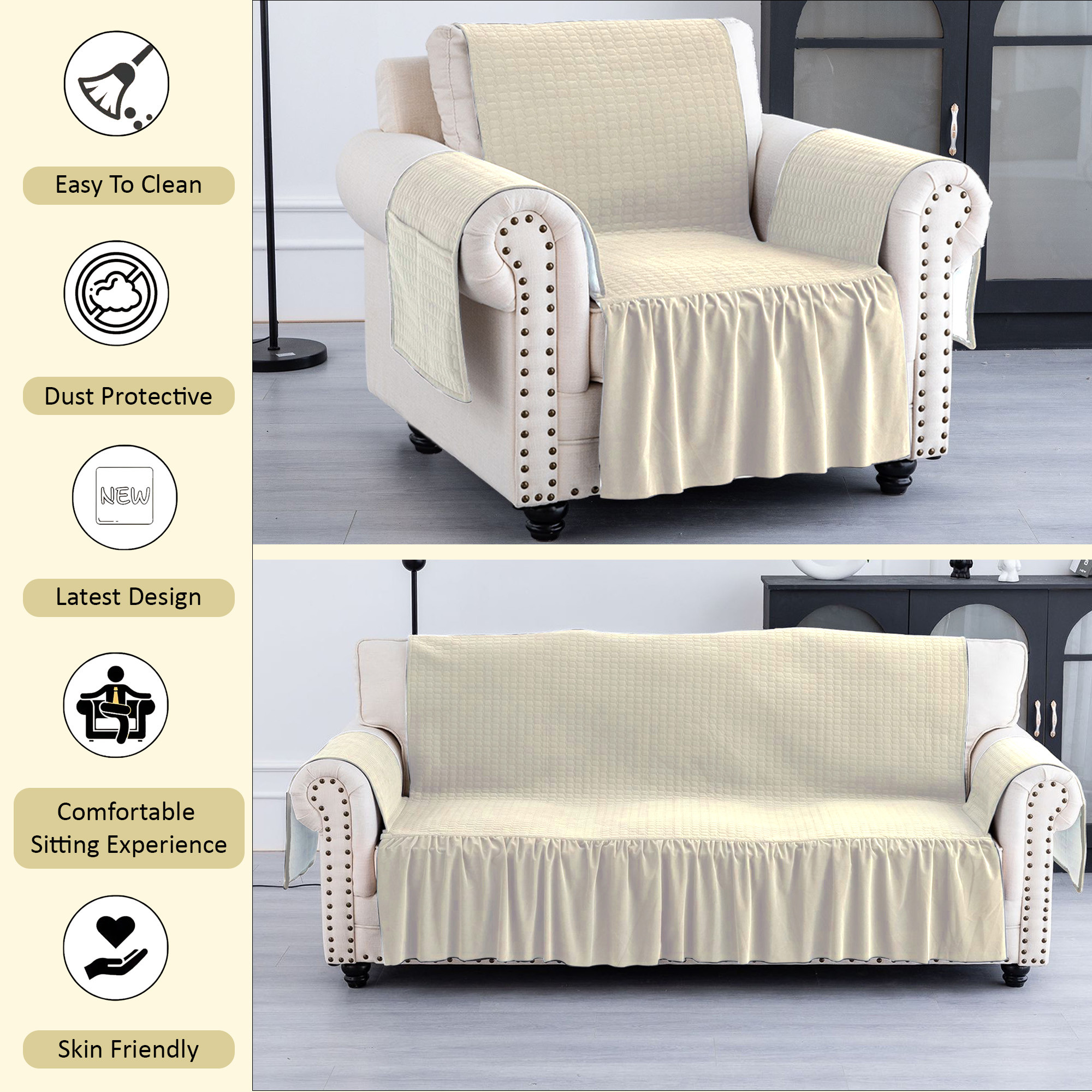 Kuber Industries  Soft Velvet Full Sofa Cover with Pocket Arms  Easy to Clean  Maintain Sofa SlipcoverCouch Protector Cloth with Sofa Hand Rest Cover for Living Room  Cream