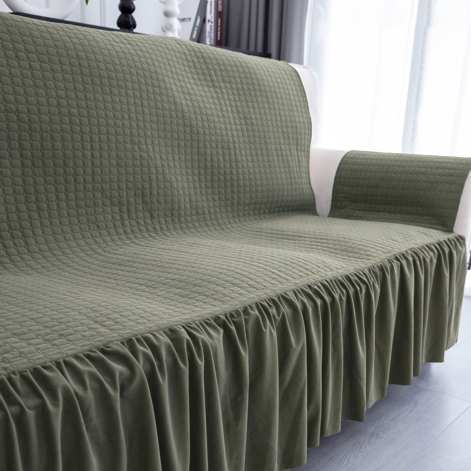 Kuber Industries  Soft Velvet Full Sofa Cover with Pocket Arms  Easy to Clean  Maintain Sofa SlipcoverCouch Protector Cloth with Sofa Hand Rest Cover for Living Room  Olive Green