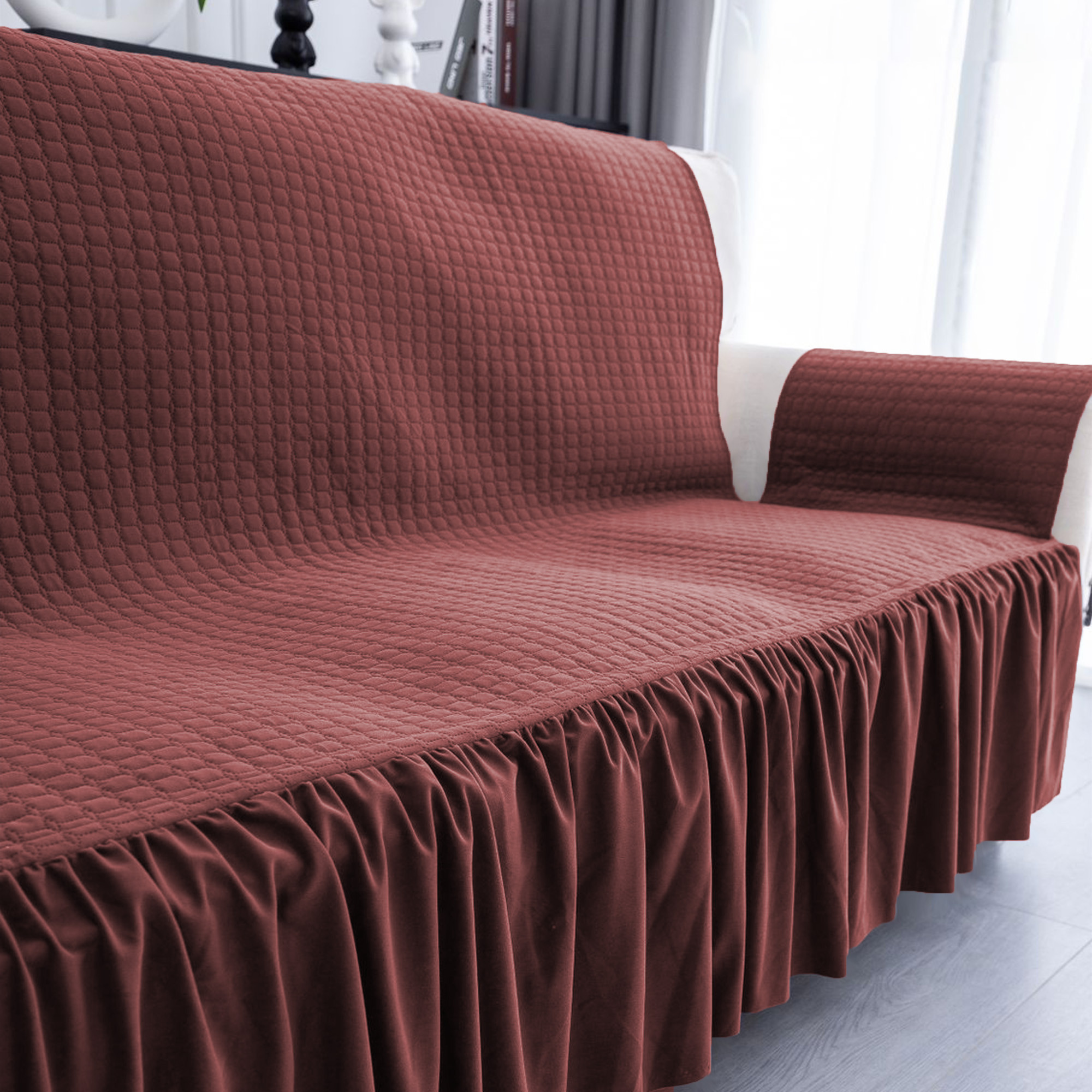 Kuber Industries  Soft Velvet Full Sofa Cover with Pocket Arms  Easy to Clean  Maintain Sofa SlipcoverCouch Protector Cloth with Sofa Hand Rest Cover for Living Room  Maroon