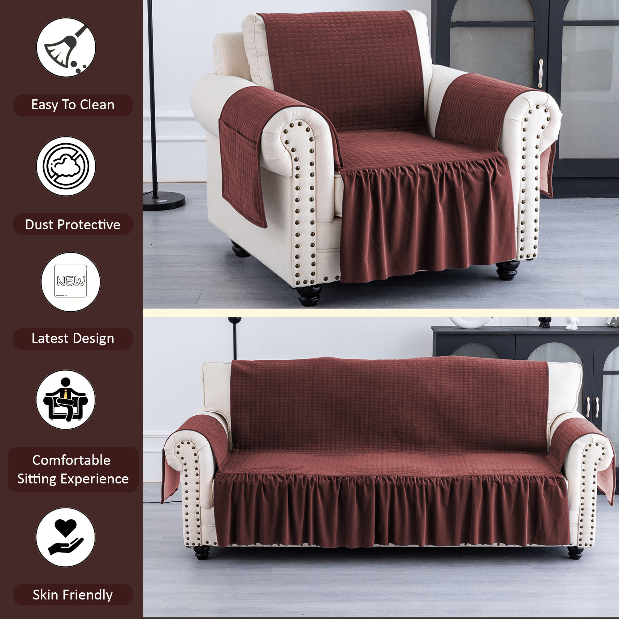 Kuber Industries  Soft Velvet Full Sofa Cover with Pocket Arms  Easy to Clean  Maintain Sofa SlipcoverCouch Protector Cloth with Sofa Hand Rest Cover for Living Room  Maroon