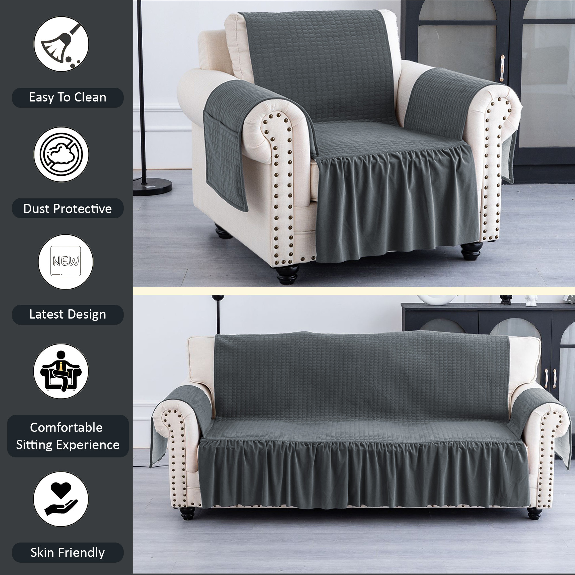 Kuber Industries  Soft Velvet Full Sofa Cover with Pocket Arms  Easy to Clean  Maintain Sofa SlipcoverCouch Protector Cloth with Sofa Hand Rest Cover for Living Room  Grey