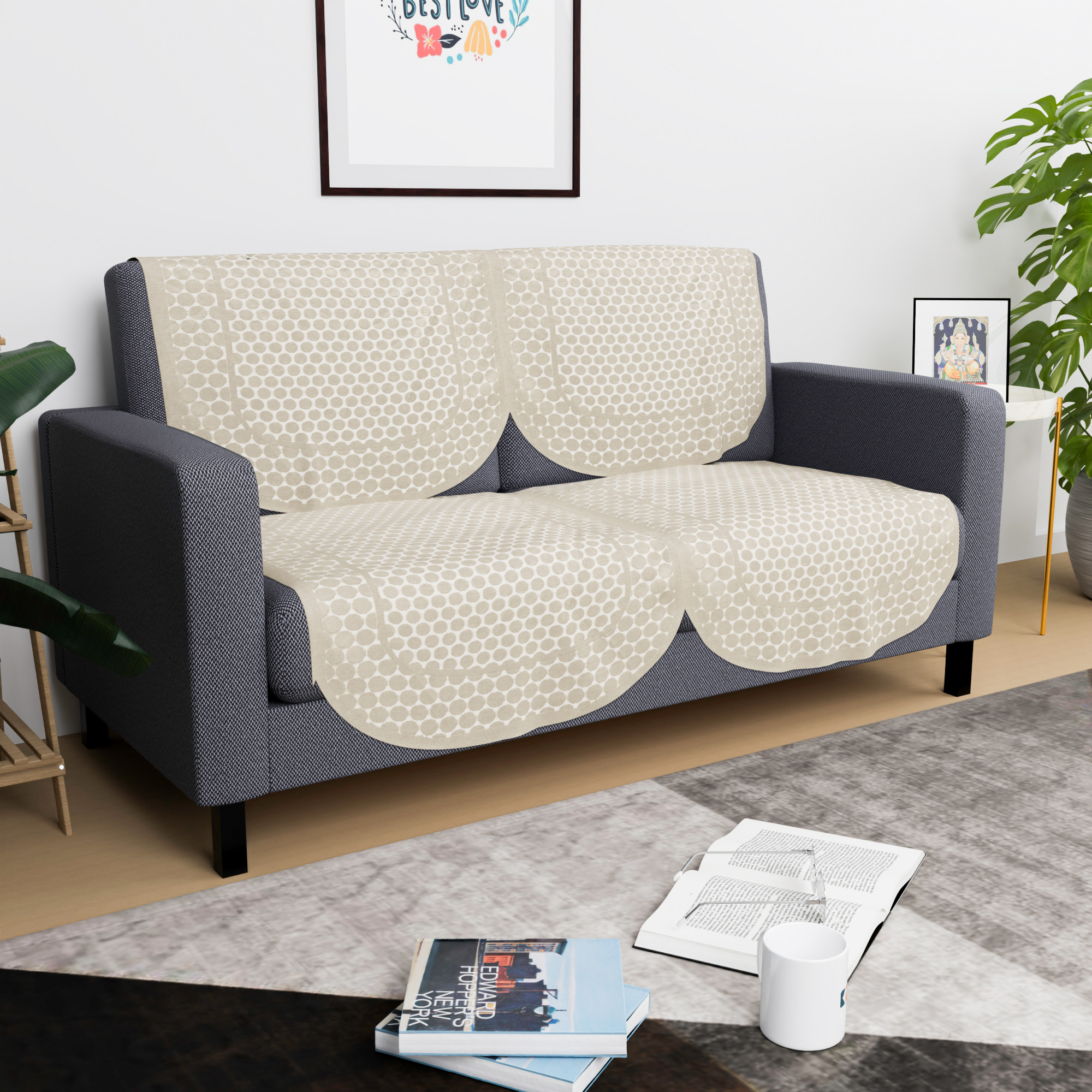 Kuber Industries  Stylish  Decorative Cotton Sofa Covers   Aesthetic Sofa ProtectorMat  Slipcover for Hall Living Room  Office  Polka Dot Design - Cream