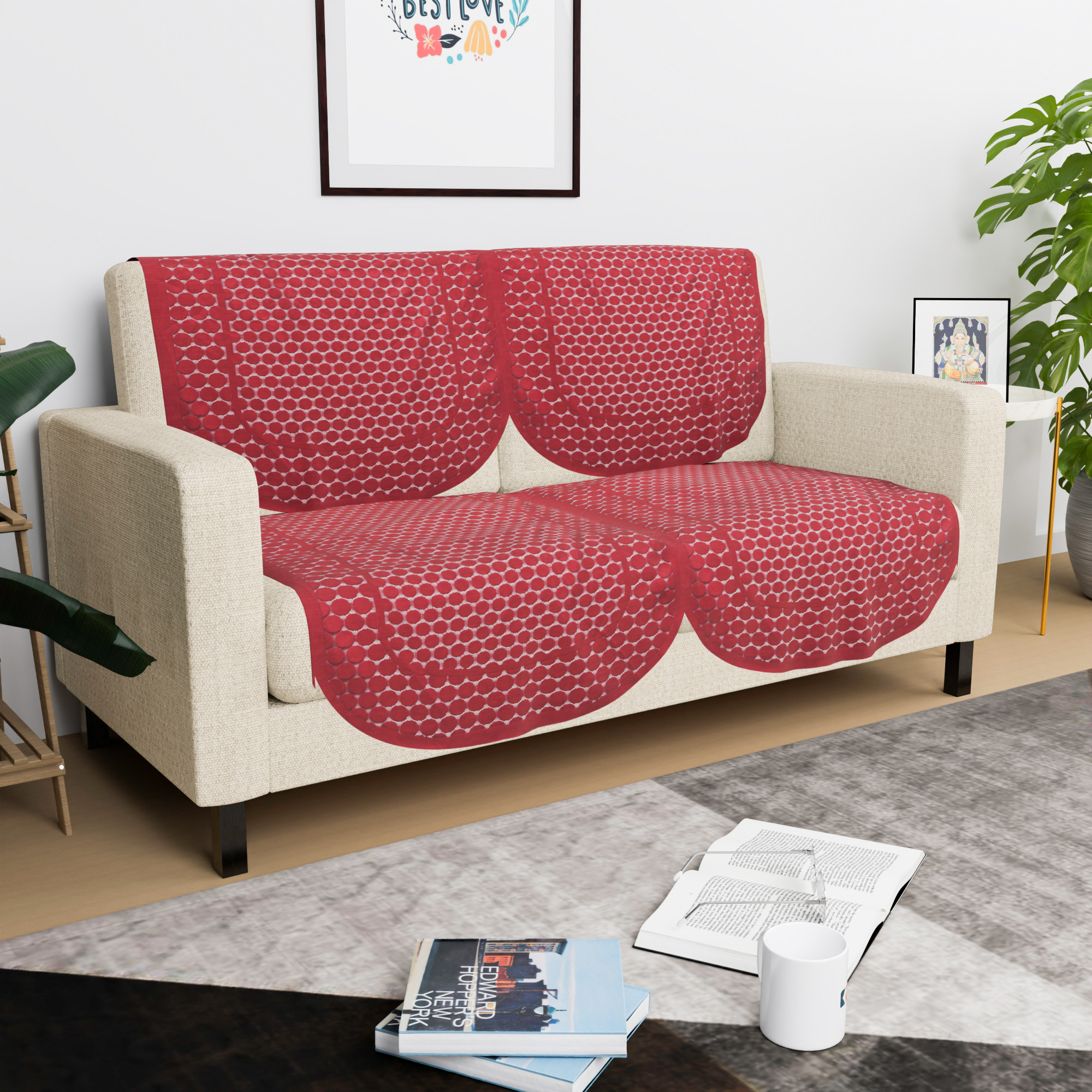 Kuber Industries  Stylish  Durable Cotton Sofa Covers   Aesthetic Sofa ProtectorMat  Slipcover for Hall Living Room  Office  Polka Dot Design - Maroon