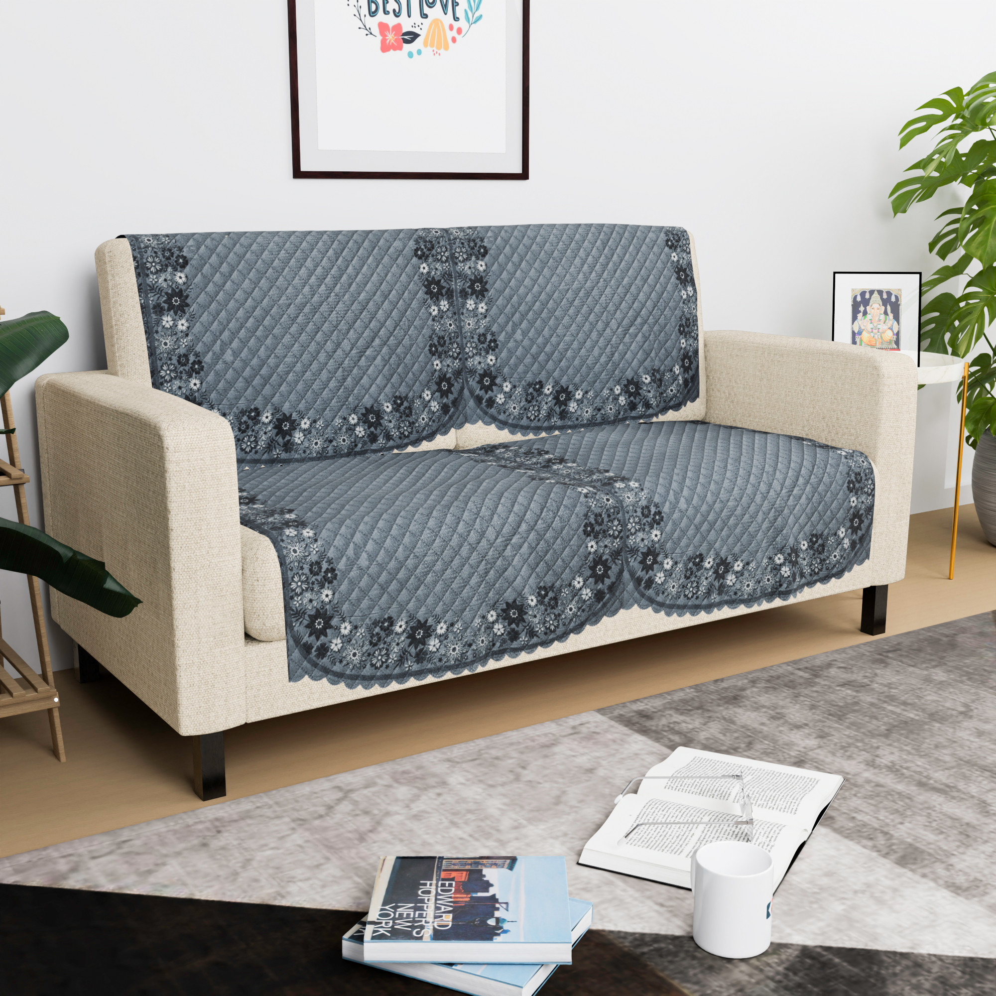 Kuber Industries  Stylish  Durable Cotton Sofa Covers   Aesthetic Sofa ProtectorMat  Slipcover for Hall Living Room  Office  Borders Painting- Grey