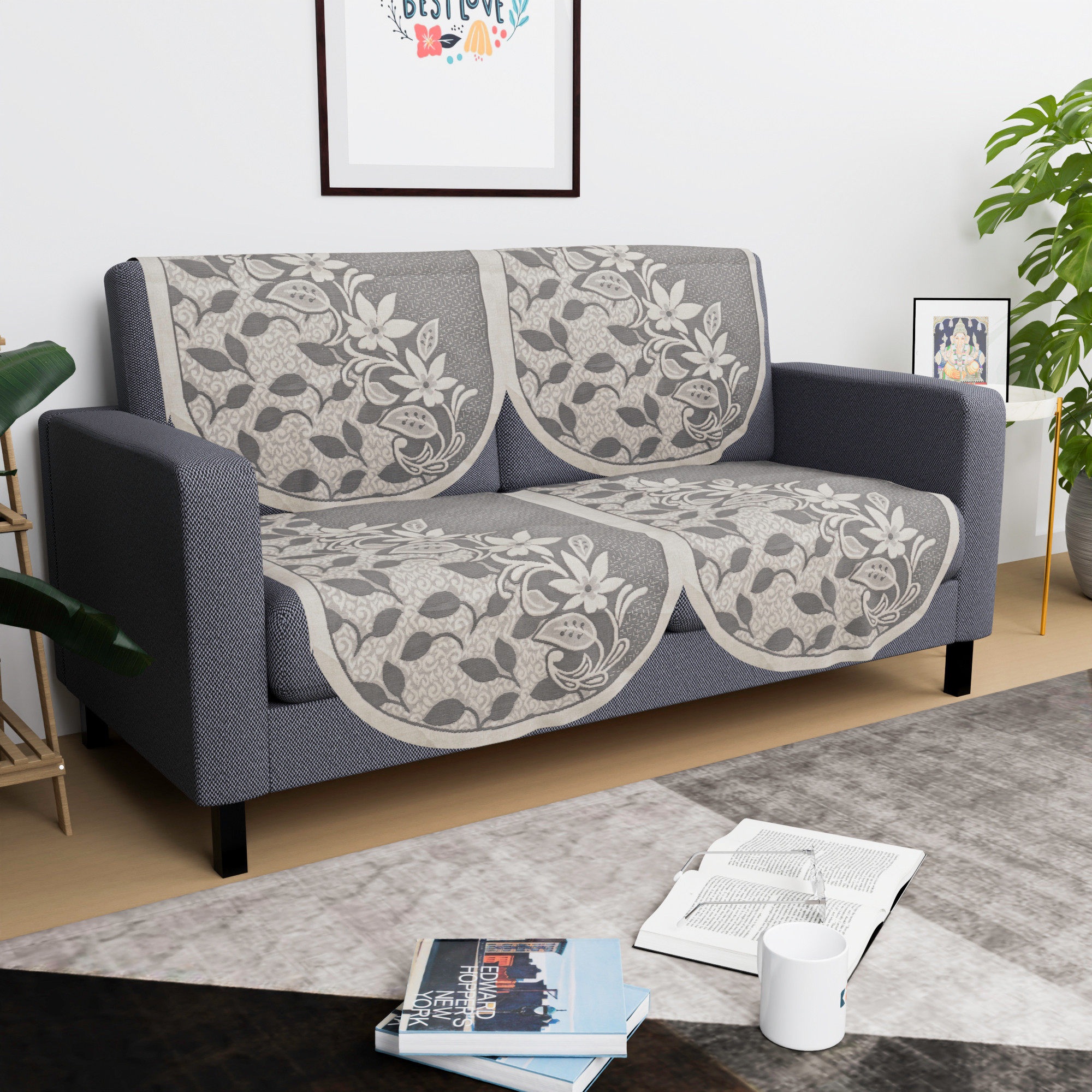 Kuber Industries  Stylish  Durable Cotton Sofa Covers   Washable Sofa ProtectorMat  Slipcover for Hall Living Room  Office  S21 Flower Net- Grey