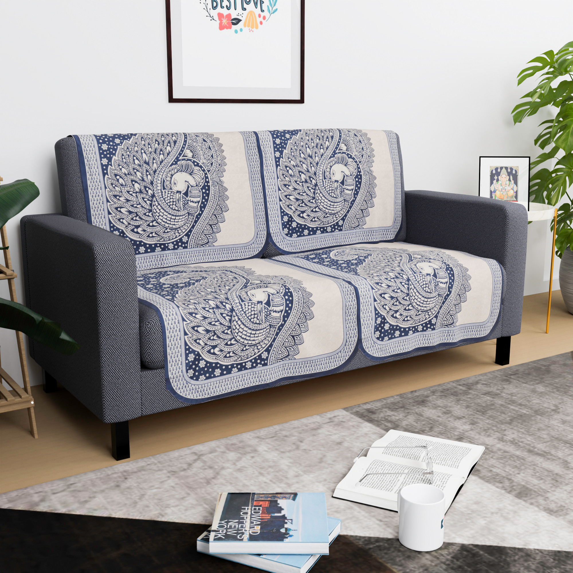 Kuber Industries  Stylish  Durable Cotton Sofa Covers   Washable Sofa ProtectorMat  Slipcover for Hall Living Room  Office  Mor Print - Blue