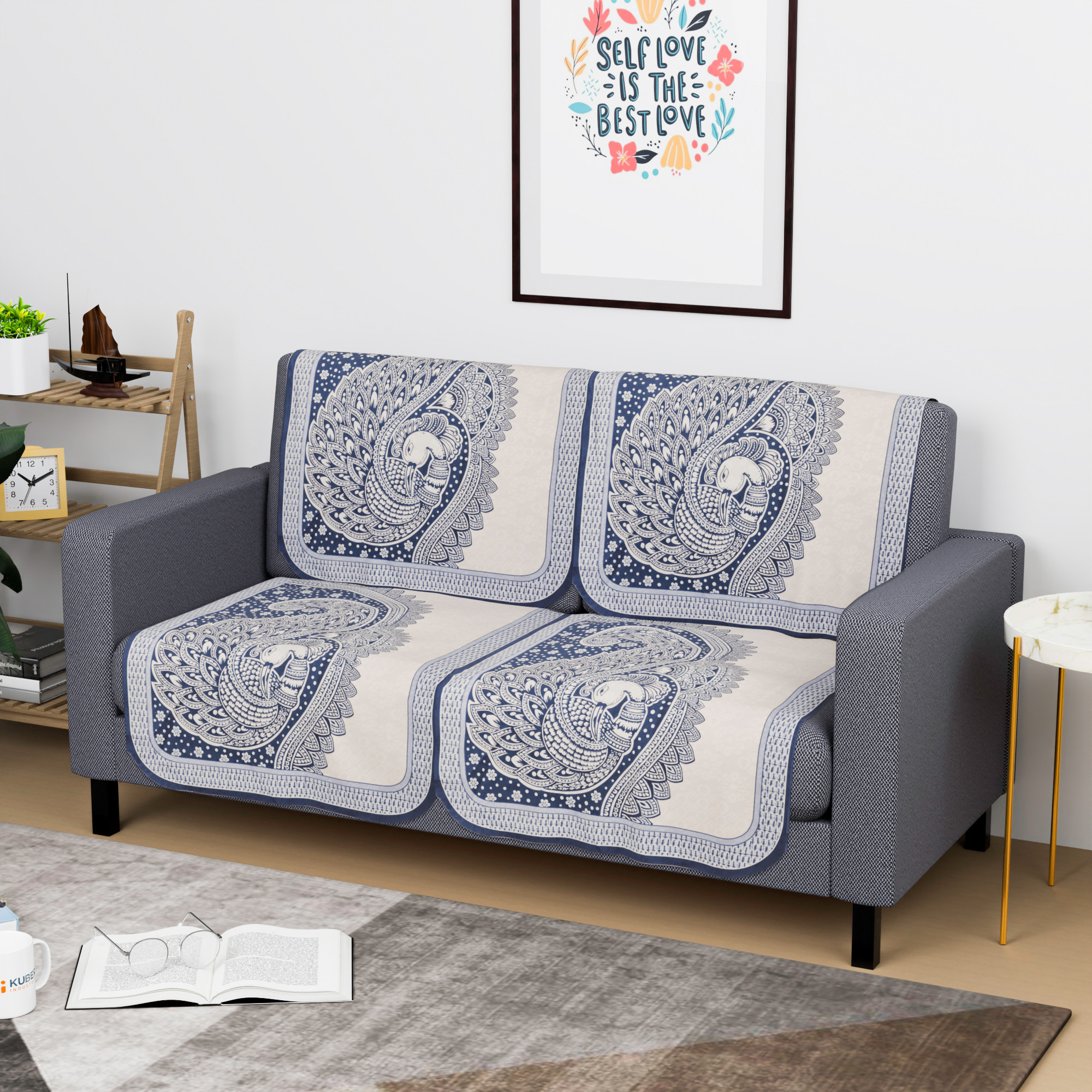 Kuber Industries  Stylish  Durable Cotton Sofa Covers   Washable Sofa ProtectorMat  Slipcover for Hall Living Room  Office  Mor Print - Blue