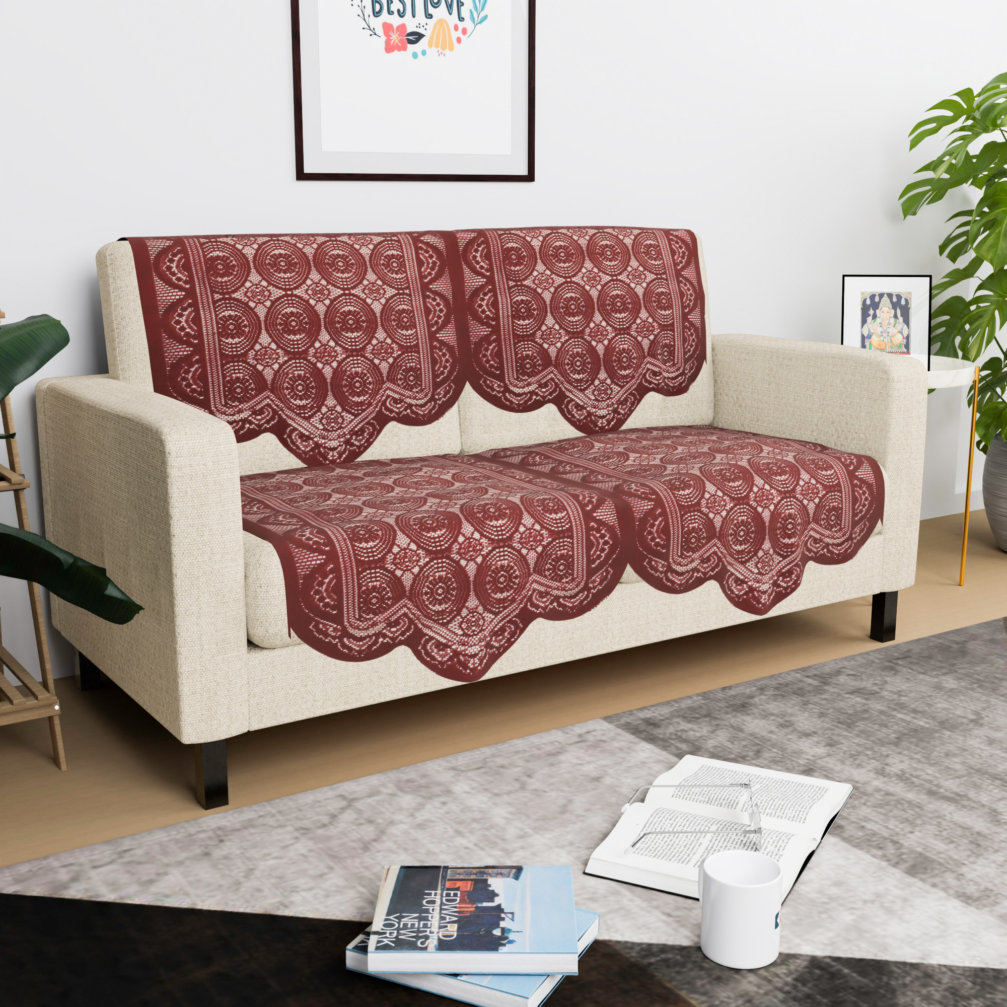 Kuber Industries  Stylish  Durable Cotton Sofa Covers   Washable Sofa ProtectorMat  Slipcover for Hall Living Room  Office  Plain Circle - Maroon