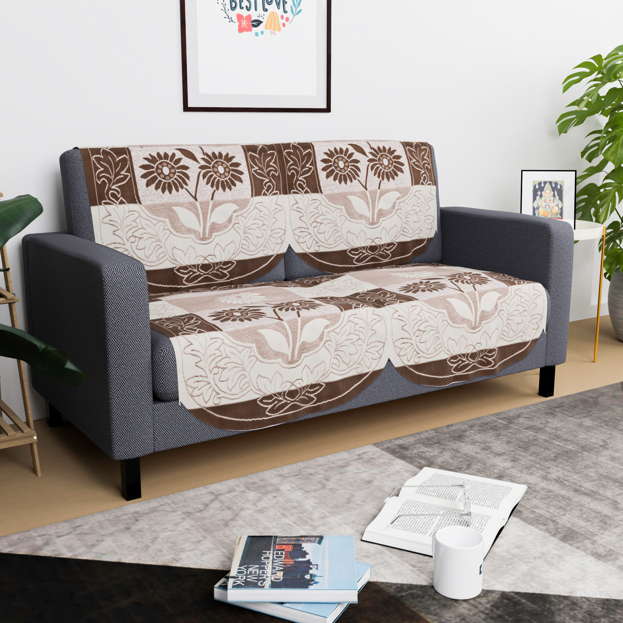 Kuber Industries  Stylish  Durable Cotton Sofa Covers   Washable Sofa ProtectorMat  Slipcover for Hall Living Room  Office  Patti Design - Brown