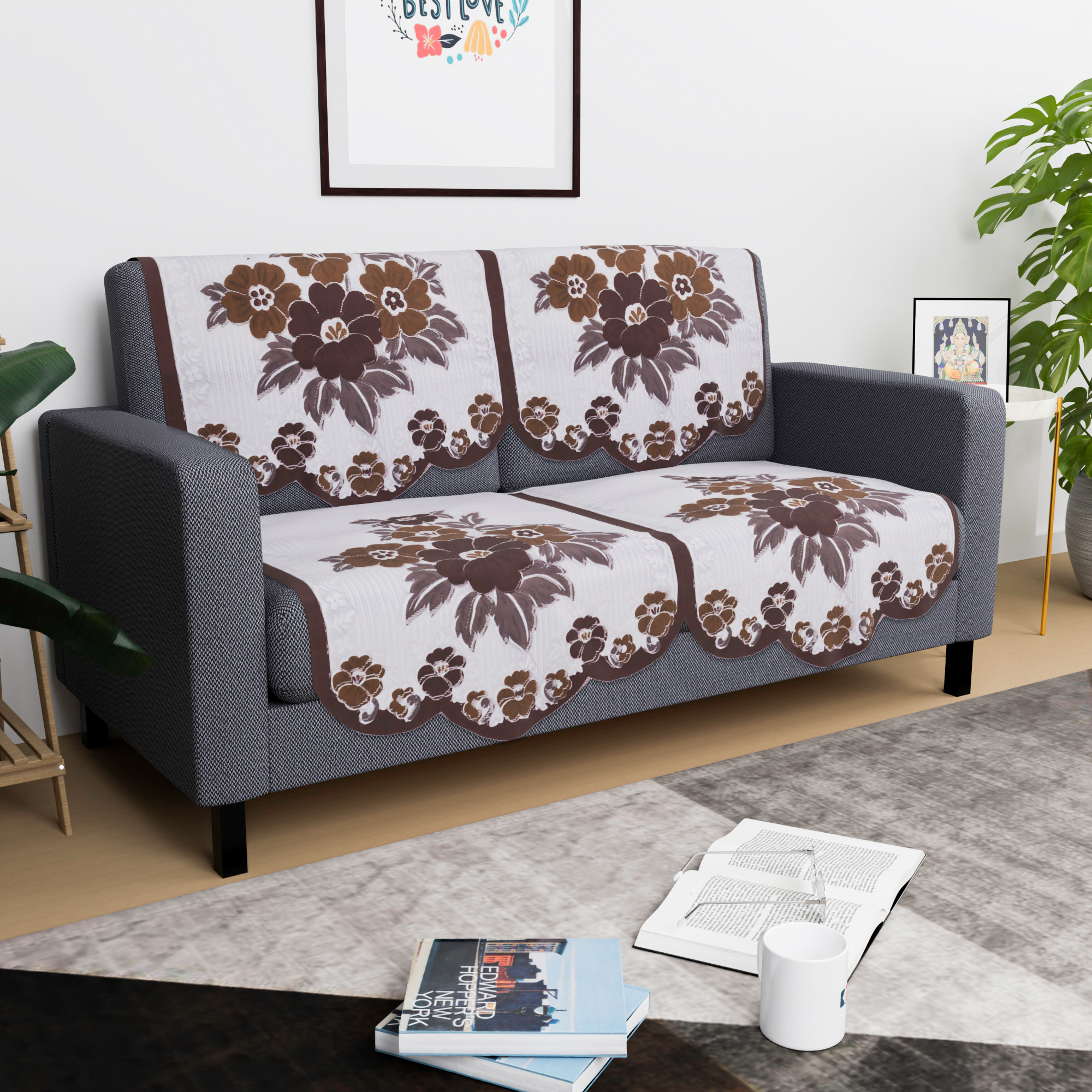 Kuber Industries  Stylish  Durable Cotton Sofa Covers   Washable Sofa ProtectorMat  Slipcover for Hall Living Room  Office  Painting Print- White  Brown