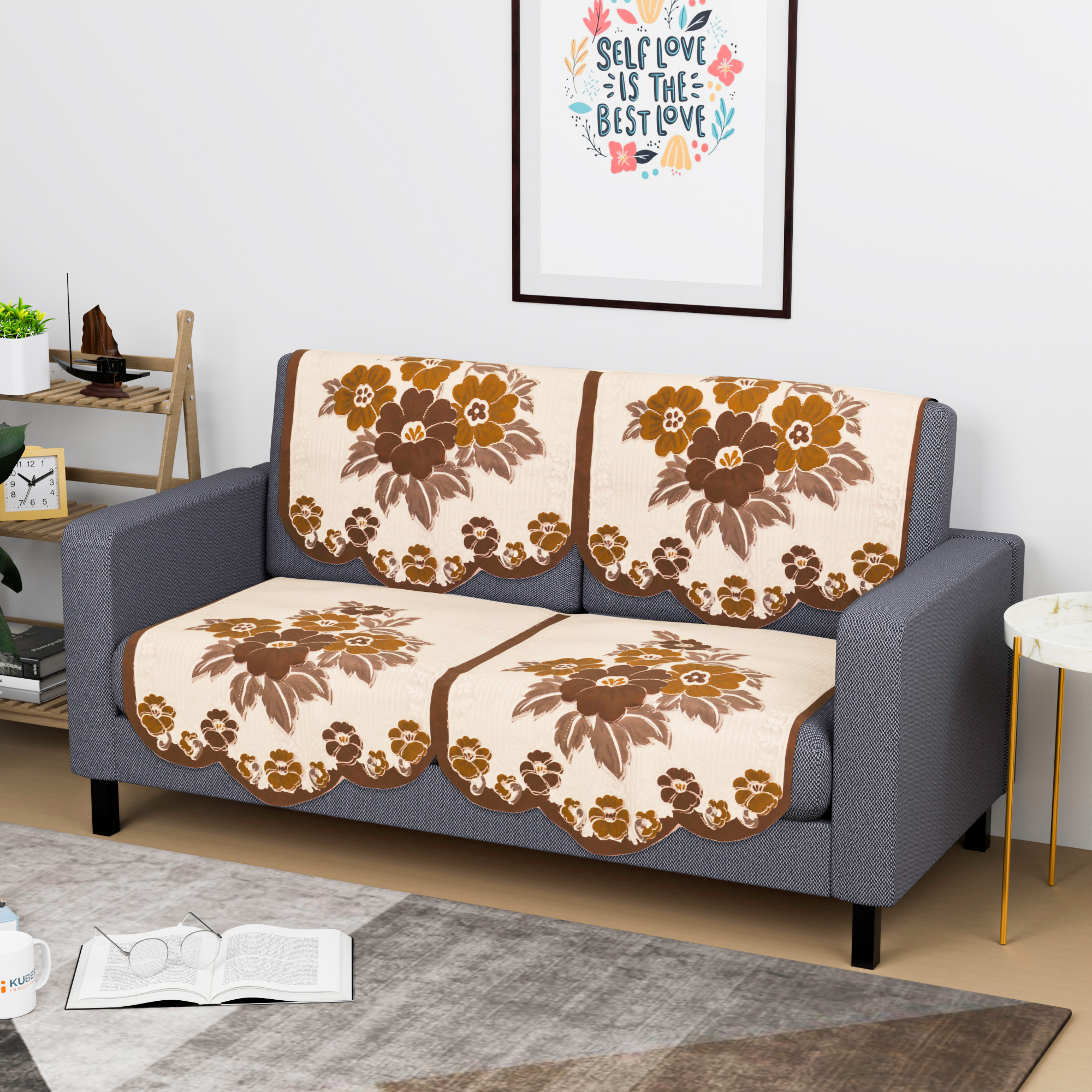 Kuber Industries  Stylish  Durable Cotton Sofa Covers   Washable Sofa ProtectorMat  Slipcover for Hall Living Room  Office  Painting Print- Cream  Brown