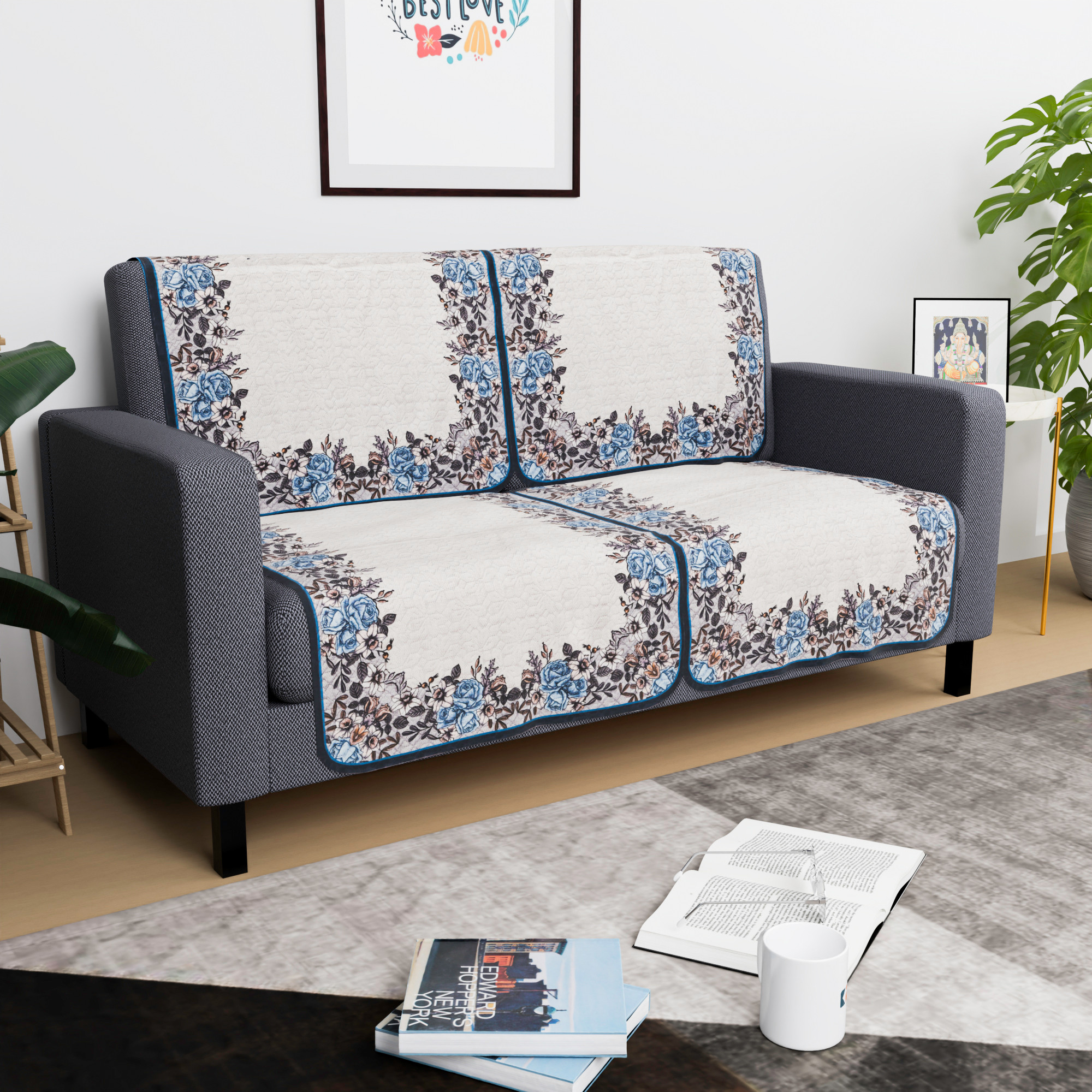Kuber Industries  Stylish  Durable Cotton Sofa Covers   Washable Sofa ProtectorMat  Slipcover for Hall Living Room  Office  Gulab Border - Cream  Blue