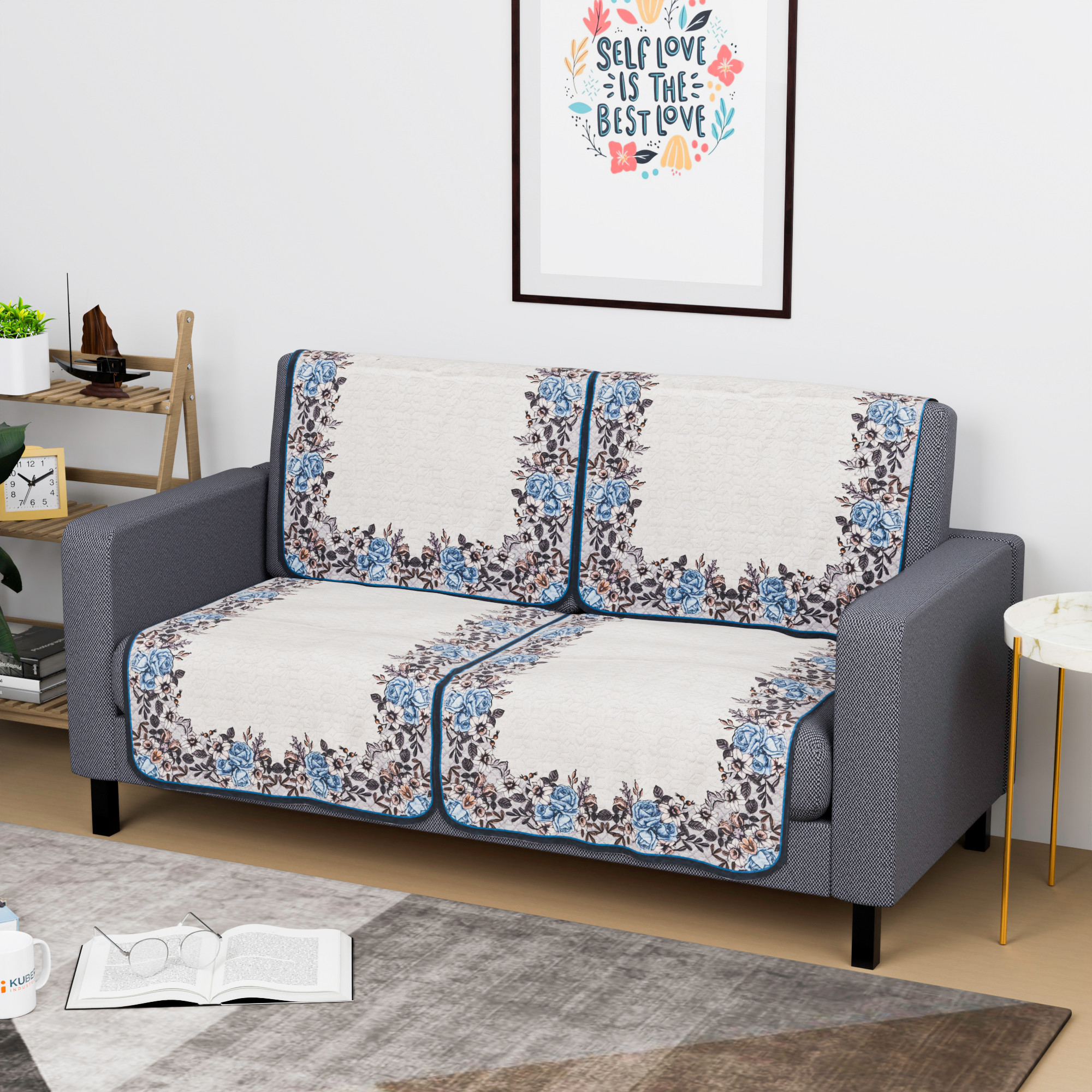 Kuber Industries  Stylish  Durable Cotton Sofa Covers   Washable Sofa ProtectorMat  Slipcover for Hall Living Room  Office  Gulab Border - Cream  Blue