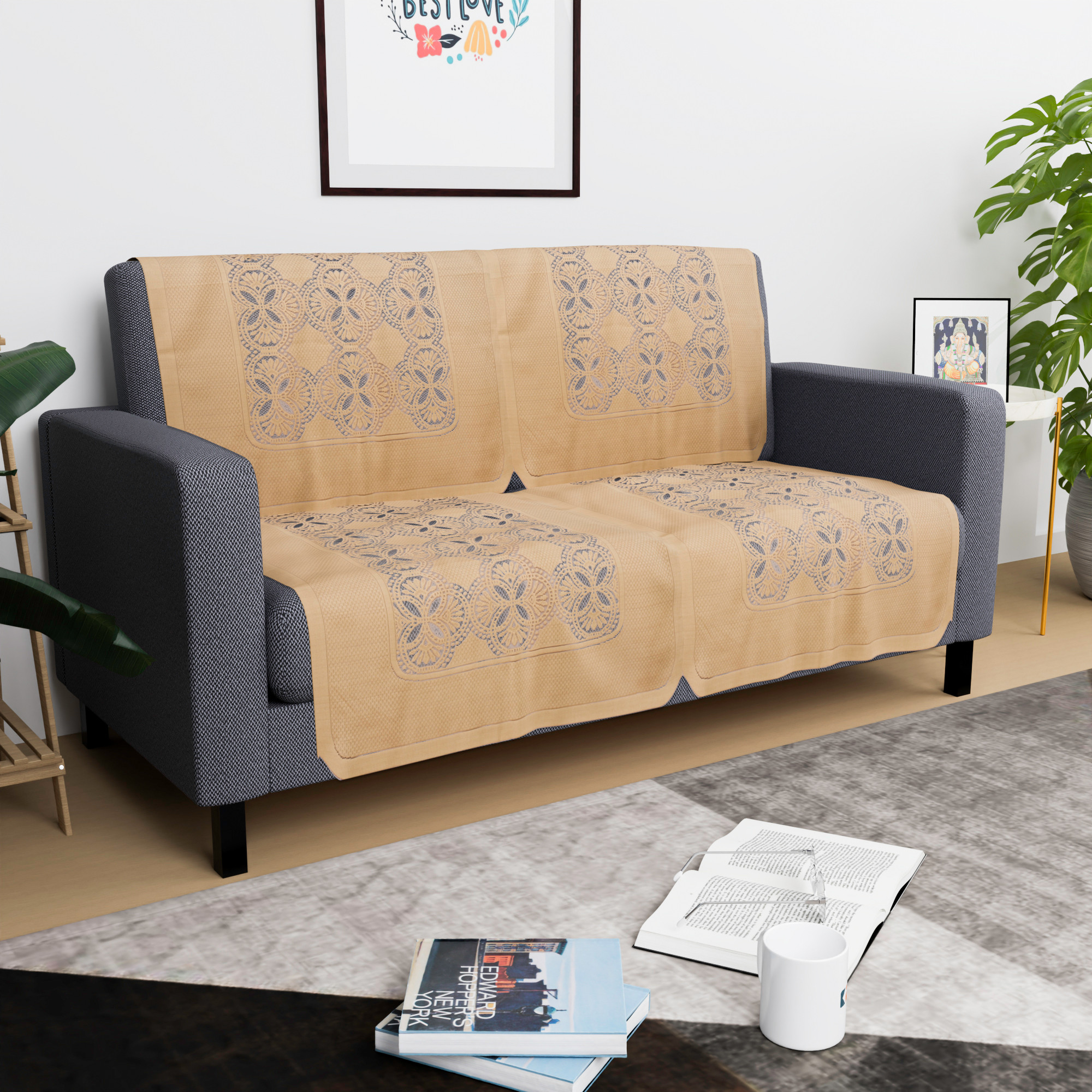 Kuber Industries  Stylish  Durable Cotton Sofa Covers   Washable Sofa ProtectorMat  Slipcover for Hall Living Room  Office  New Jersey Flower - Golden