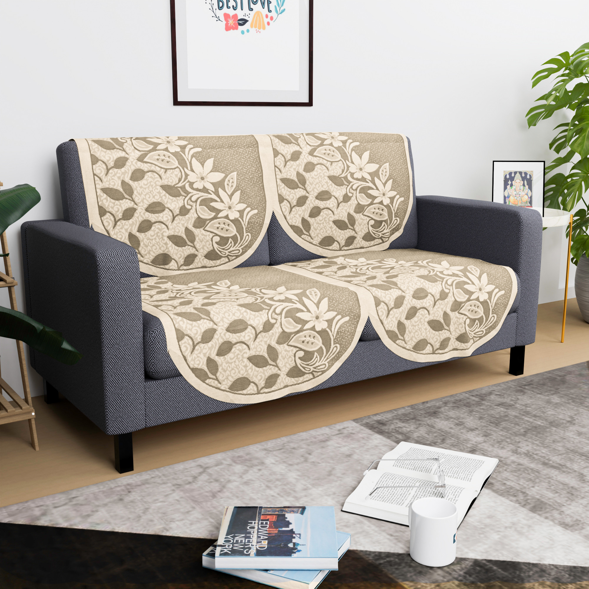 Kuber Industries  Stylish  Durable Cotton Sofa Covers   Washable Sofa ProtectorMat  Slipcover for Hall Living Room  Office  S21 Flower Net- Cream