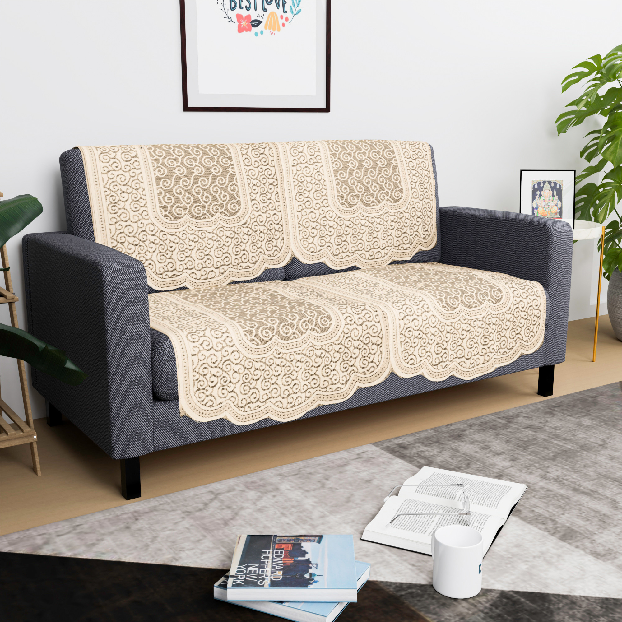 Kuber Industries  Stylish  Durable Cotton Sofa Covers   Washable Sofa ProtectorMat  Slipcover for Hall Living Room  Office  Zig Zag Design - Cream