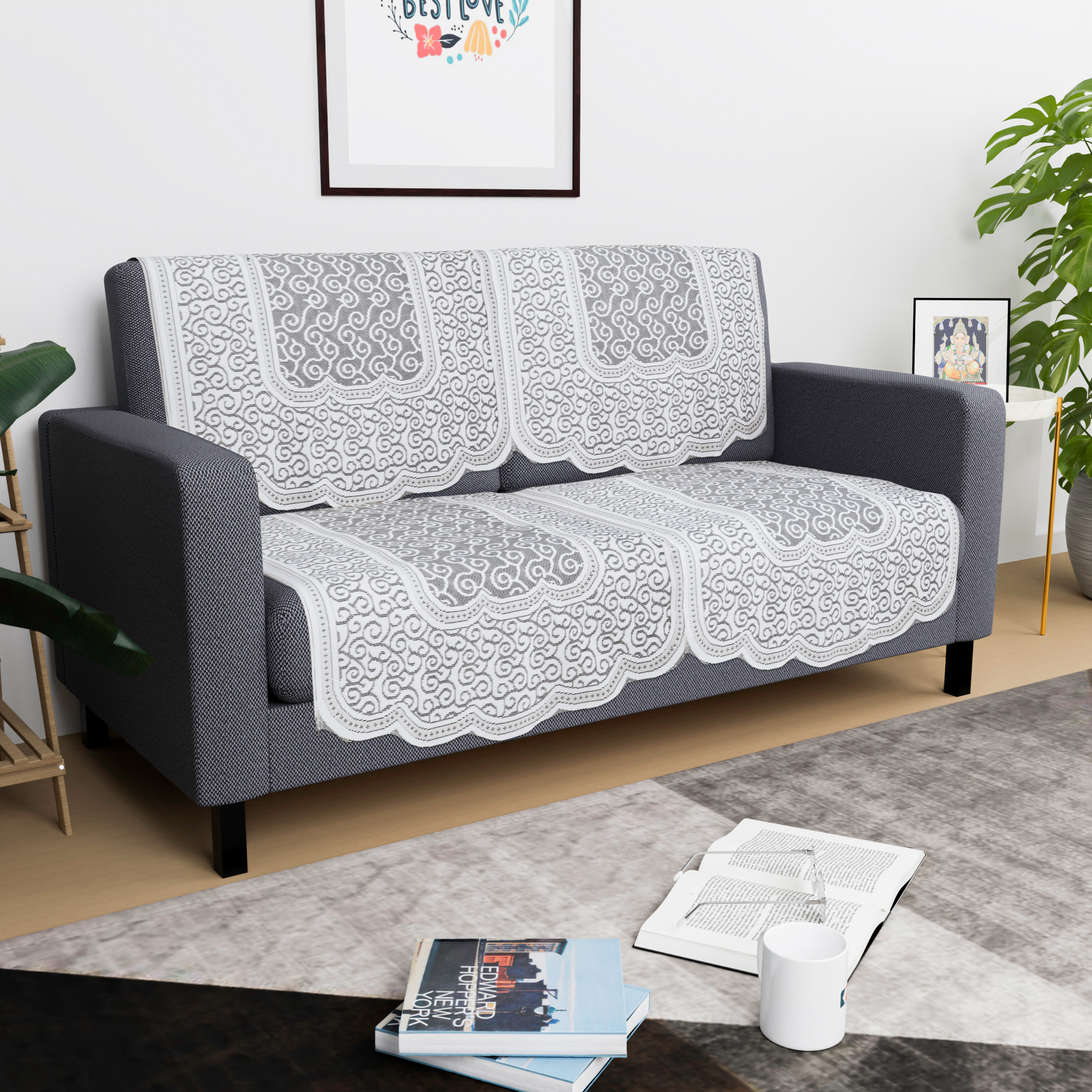 Kuber Industries  Stylish  Durable Cotton Sofa Covers   Washable Sofa ProtectorMat  Slipcover for Hall Living Room  Office  Zig Zag Design - White