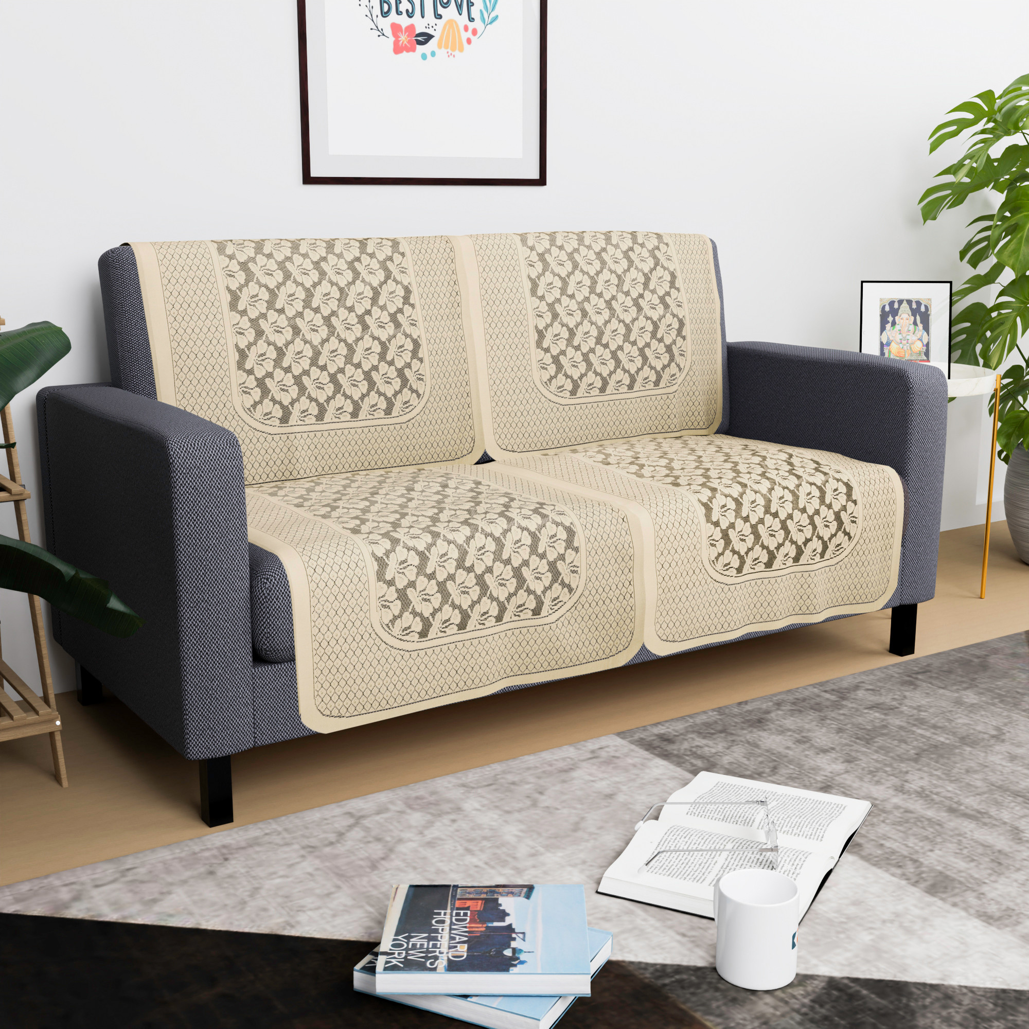 Kuber Industries  Stylish  Durable Cotton Sofa Covers   Washable Sofa ProtectorMat  Slipcover for Hall Living Room  Office  Plain Leonardo Flower - Cream