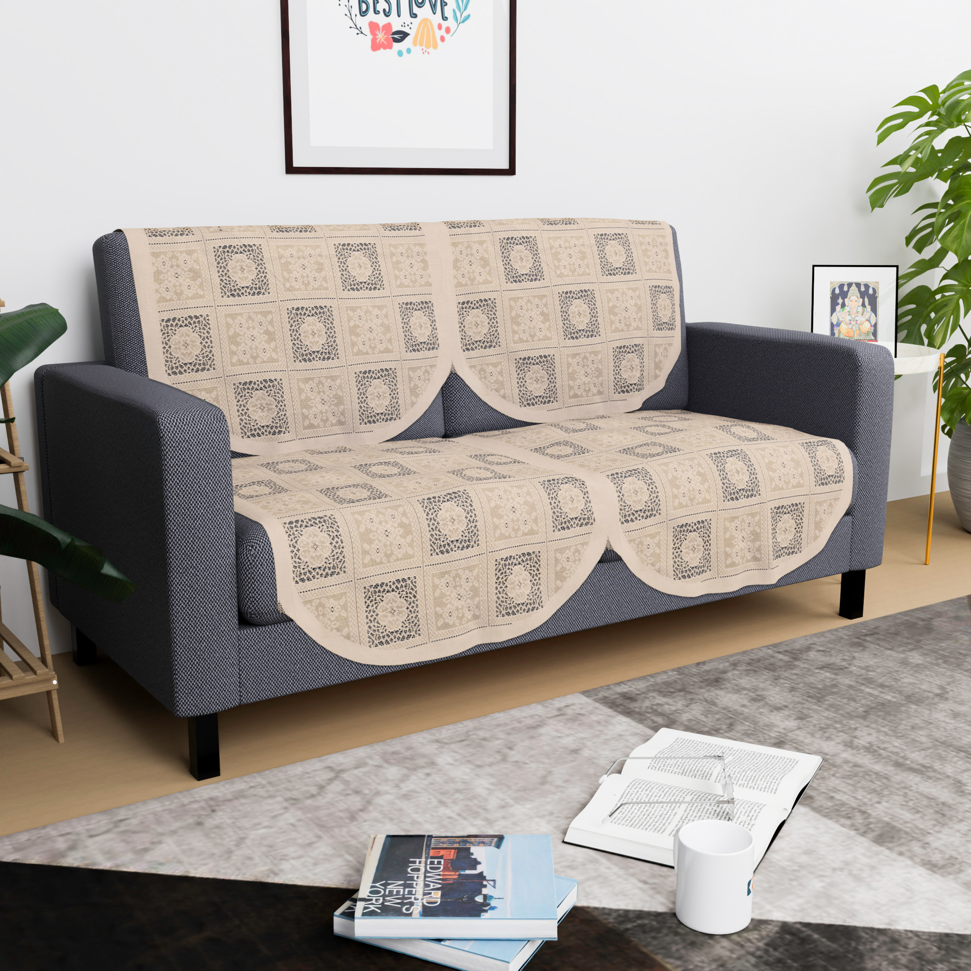 Kuber Industries  Stylish  Durable Cotton Sofa Covers   Washable Sofa ProtectorMat  Slipcover for Hall Living Room  Office  Square Flower - Cream