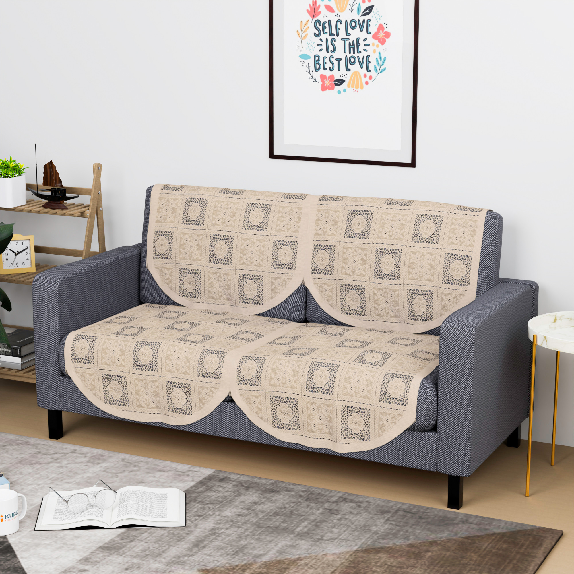 Kuber Industries  Stylish  Durable Cotton Sofa Covers   Washable Sofa ProtectorMat  Slipcover for Hall Living Room  Office  Square Flower - Cream