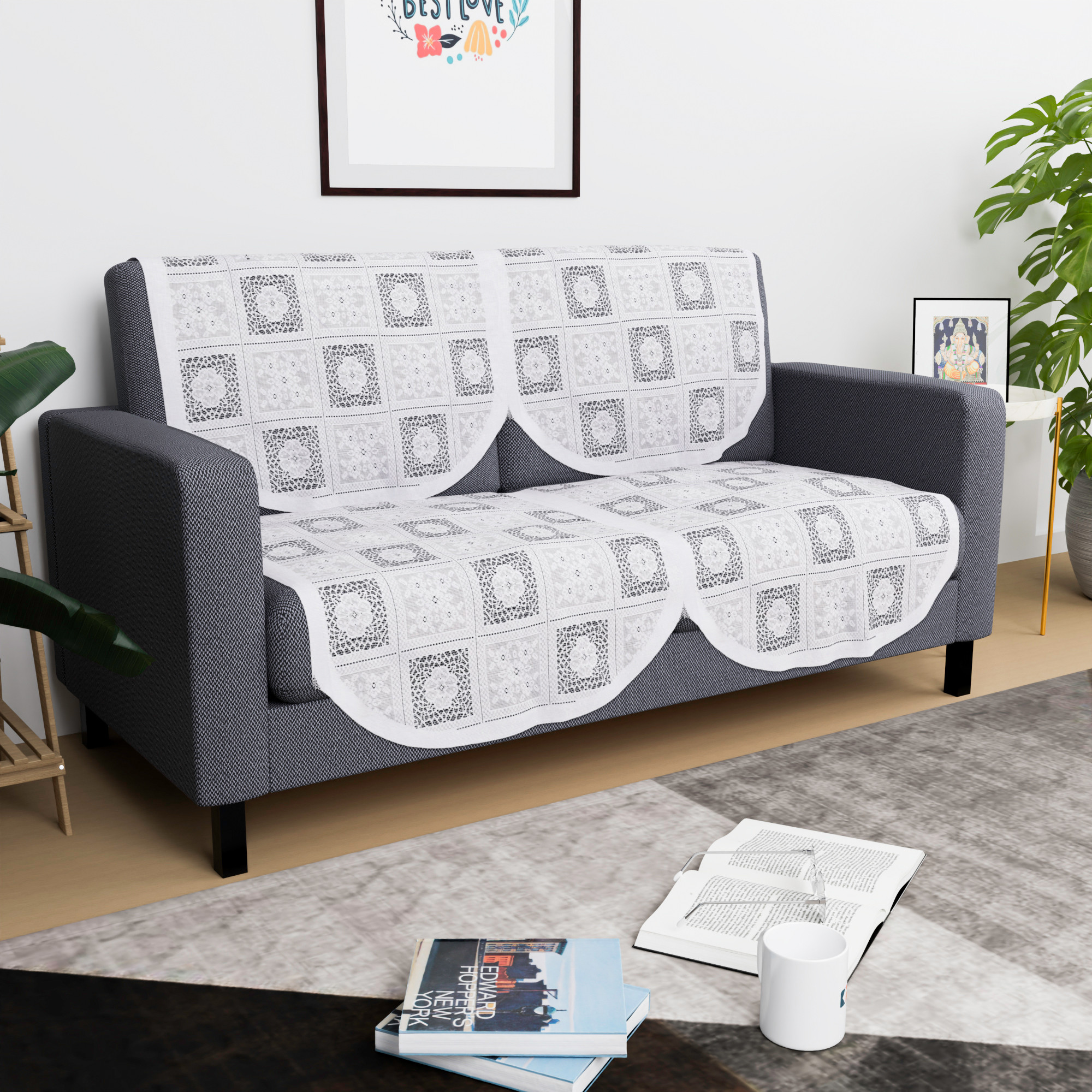 Kuber Industries  Stylish  Durable Cotton Sofa Covers   Washable Sofa ProtectorMat  Slipcover for Hall Living Room  Office  Square Flower - White