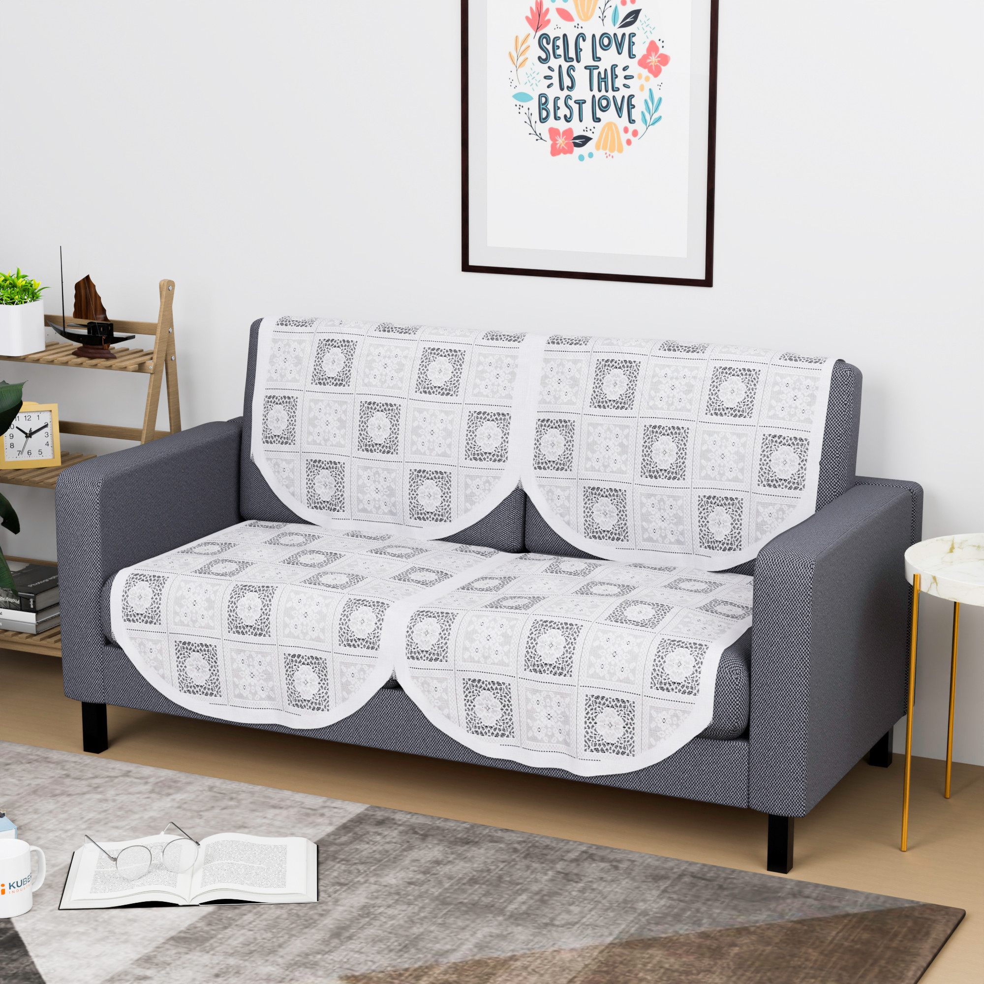 Kuber Industries  Stylish  Durable Cotton Sofa Covers   Washable Sofa ProtectorMat  Slipcover for Hall Living Room  Office  Square Flower - White