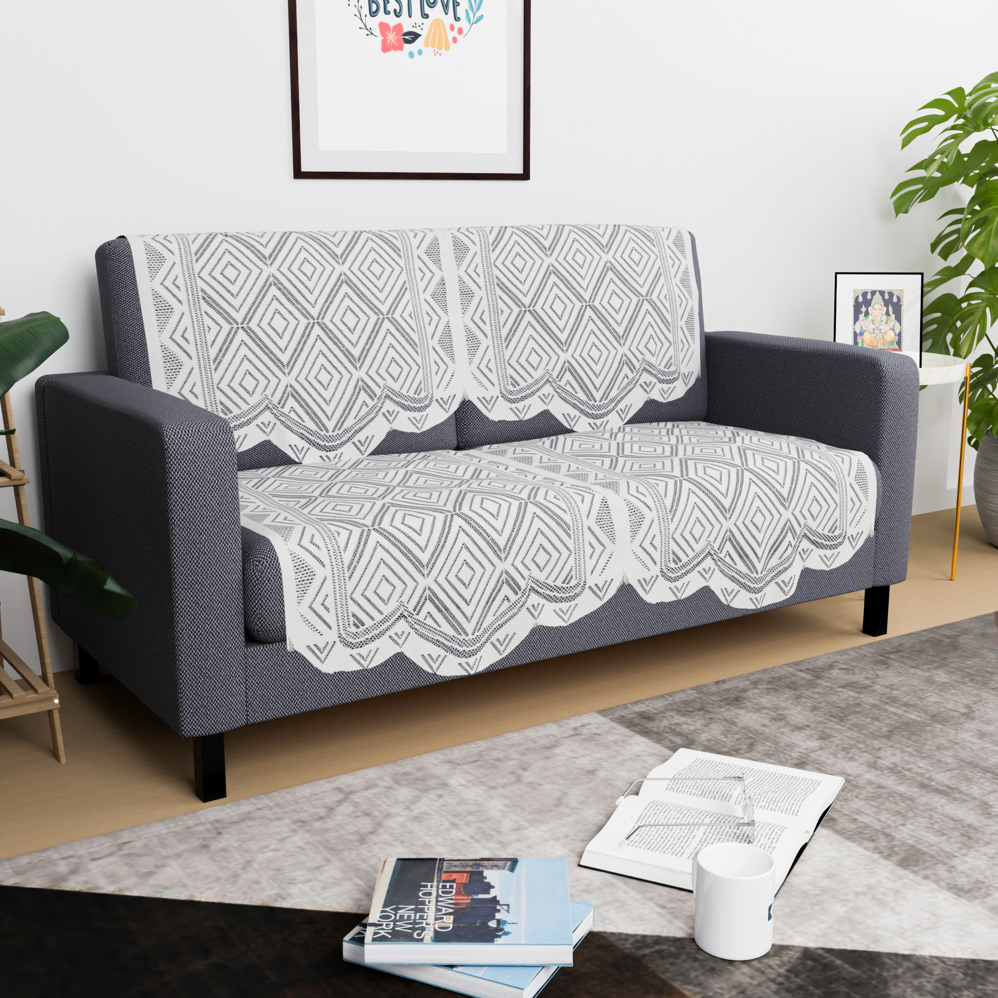 Kuber Industries  Stylish  Durable Cotton Sofa Covers   Washable Sofa ProtectorMat  Slipcover for Hall Living Room  Office  Square - White