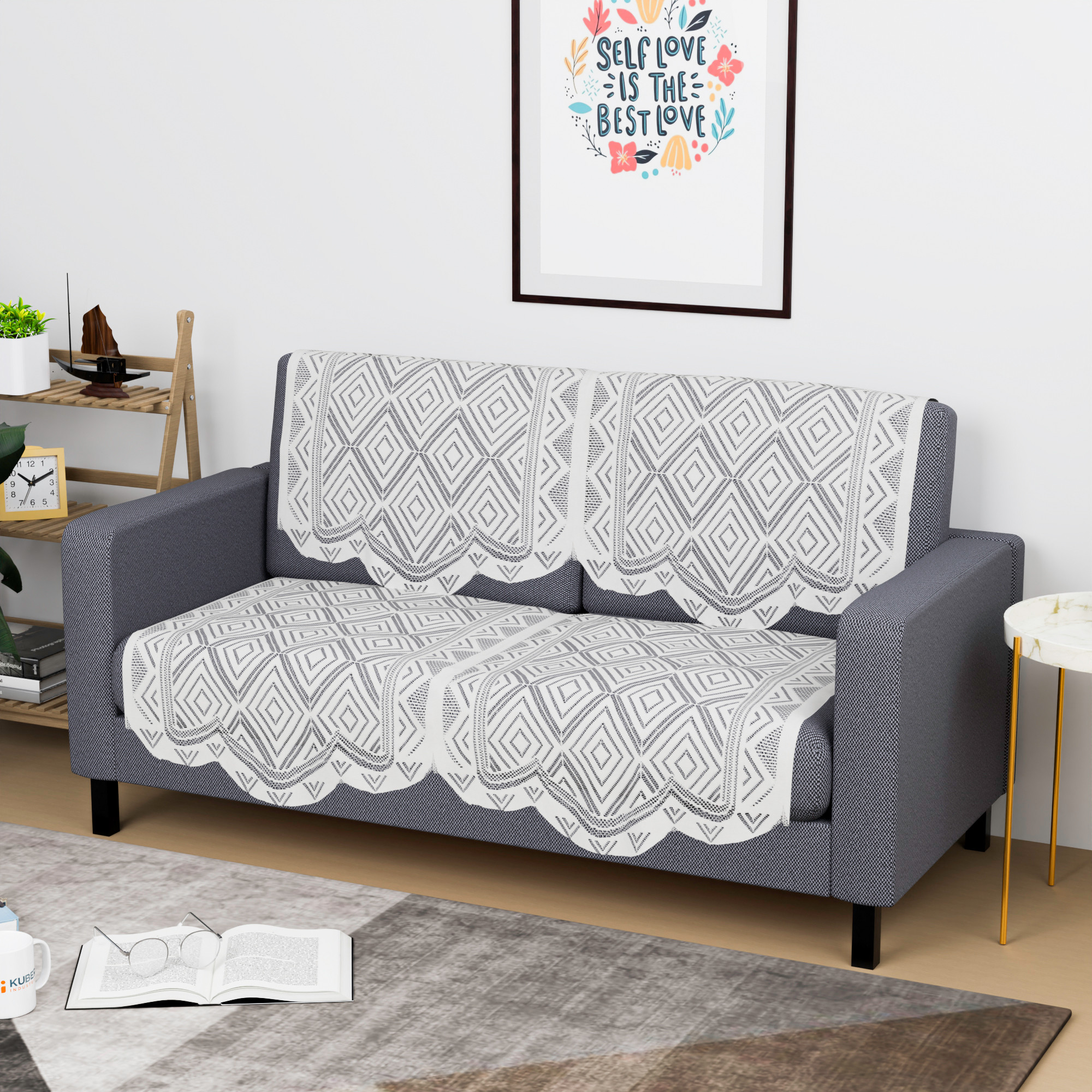 Kuber Industries  Stylish  Durable Cotton Sofa Covers   Washable Sofa ProtectorMat  Slipcover for Hall Living Room  Office  Square - White