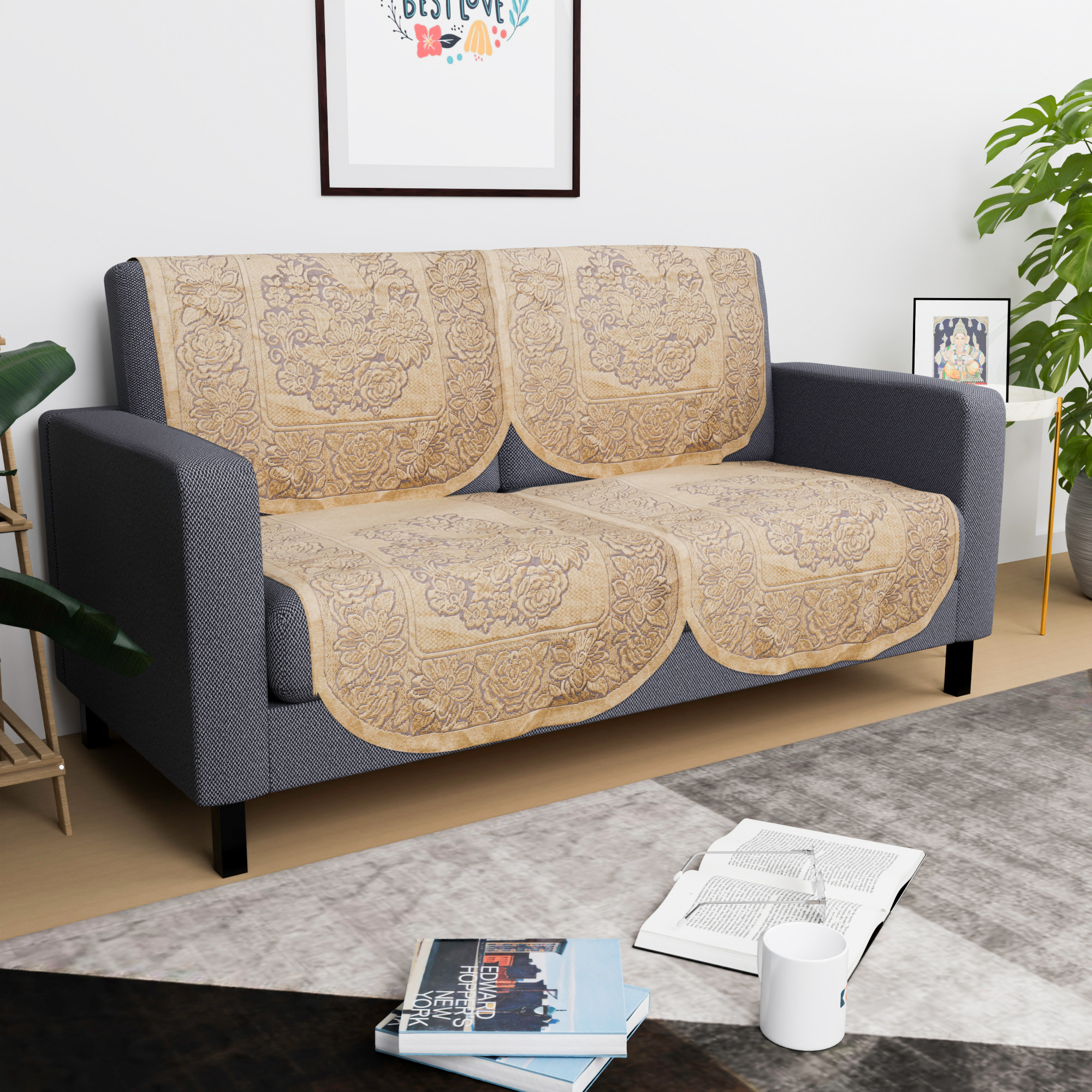 Kuber Industries  Stylish  Durable Cotton Sofa Covers   Washable Sofa ProtectorMat  Slipcover for Hall Living Room  Office  Sunshine Flower - Golden