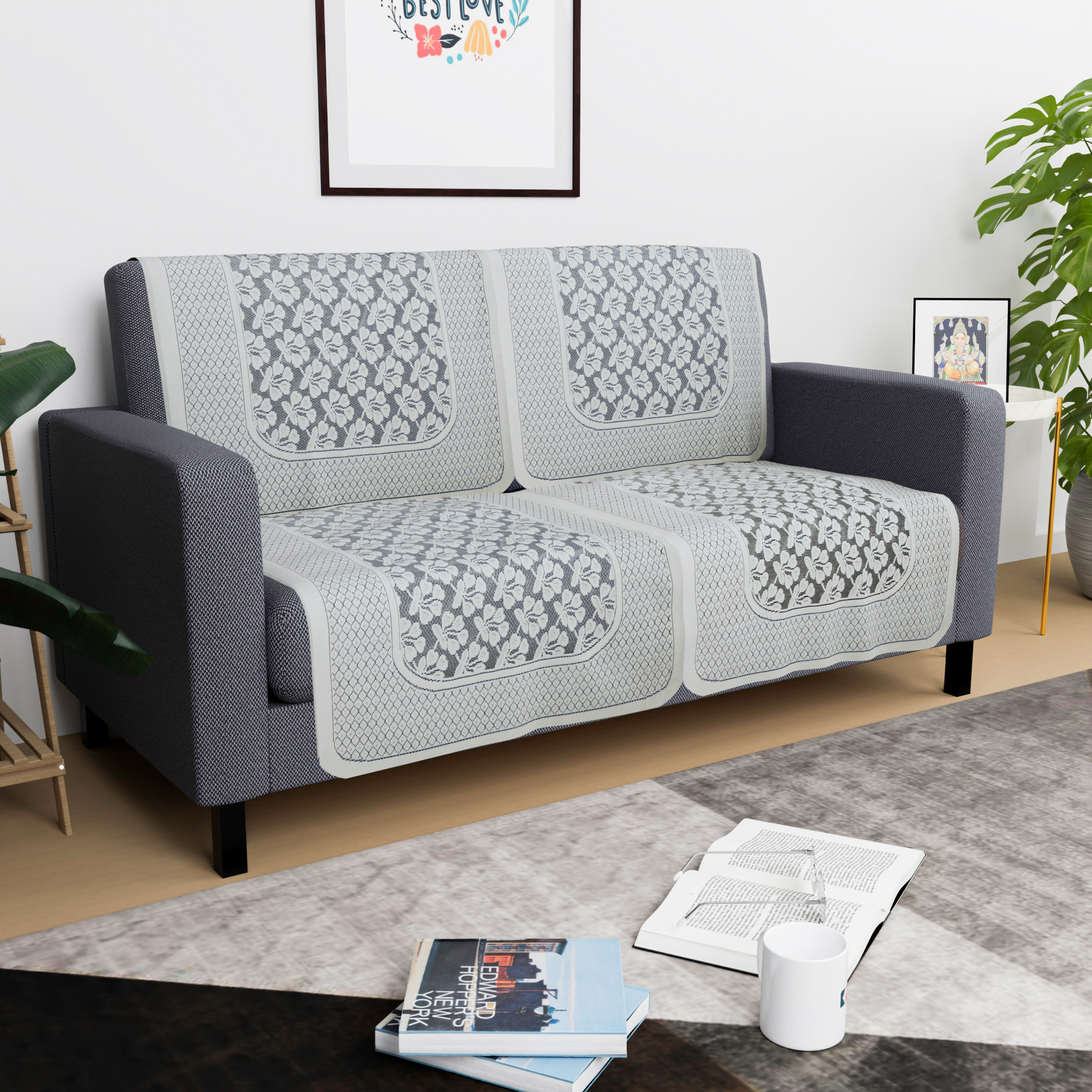 Kuber Industries  Stylish  Durable Cotton Sofa Covers   Washable Sofa ProtectorMat  Slipcover for Hall Living Room  Office  Plain Leonardo Flower - Grey