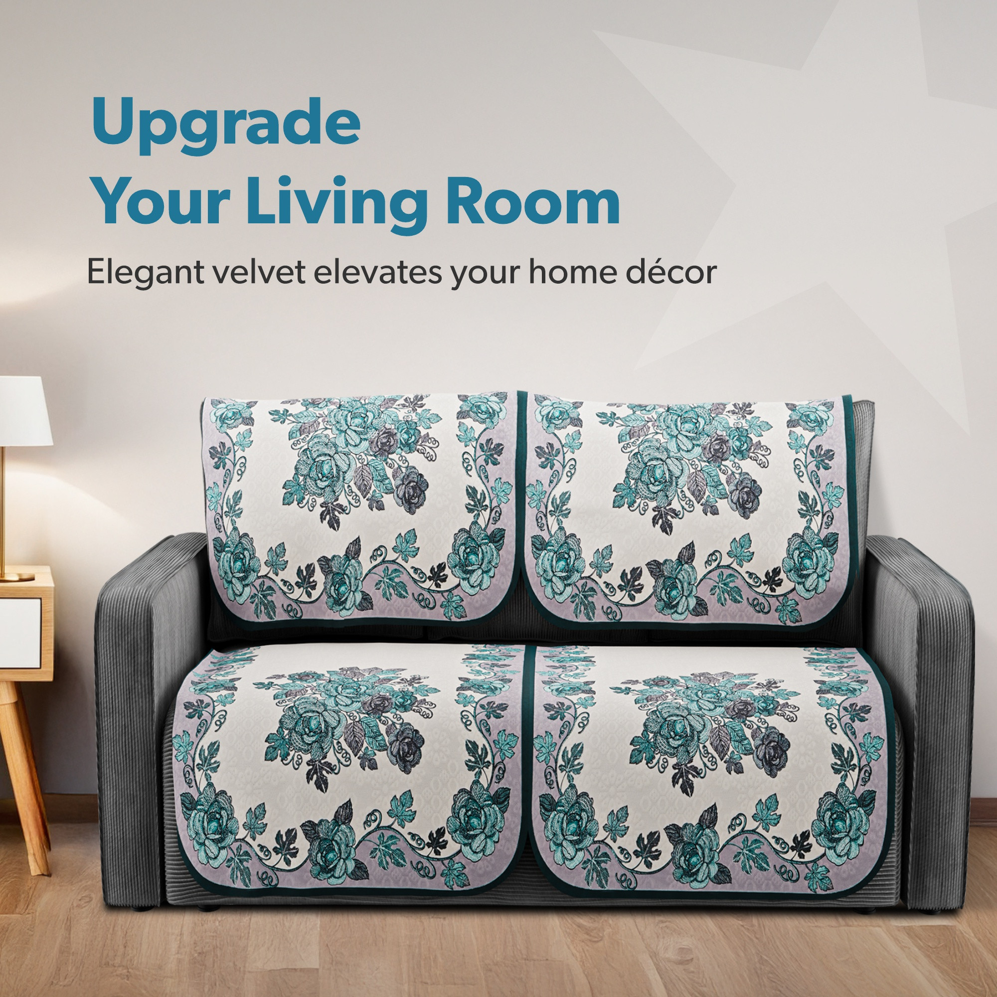 Kuber Industries  Stylish  Durable Cotton Sofa Covers   Washable Sofa ProtectorMat  Slipcover for Hall Living Room  Office  640 Rose Embroidery- Blue