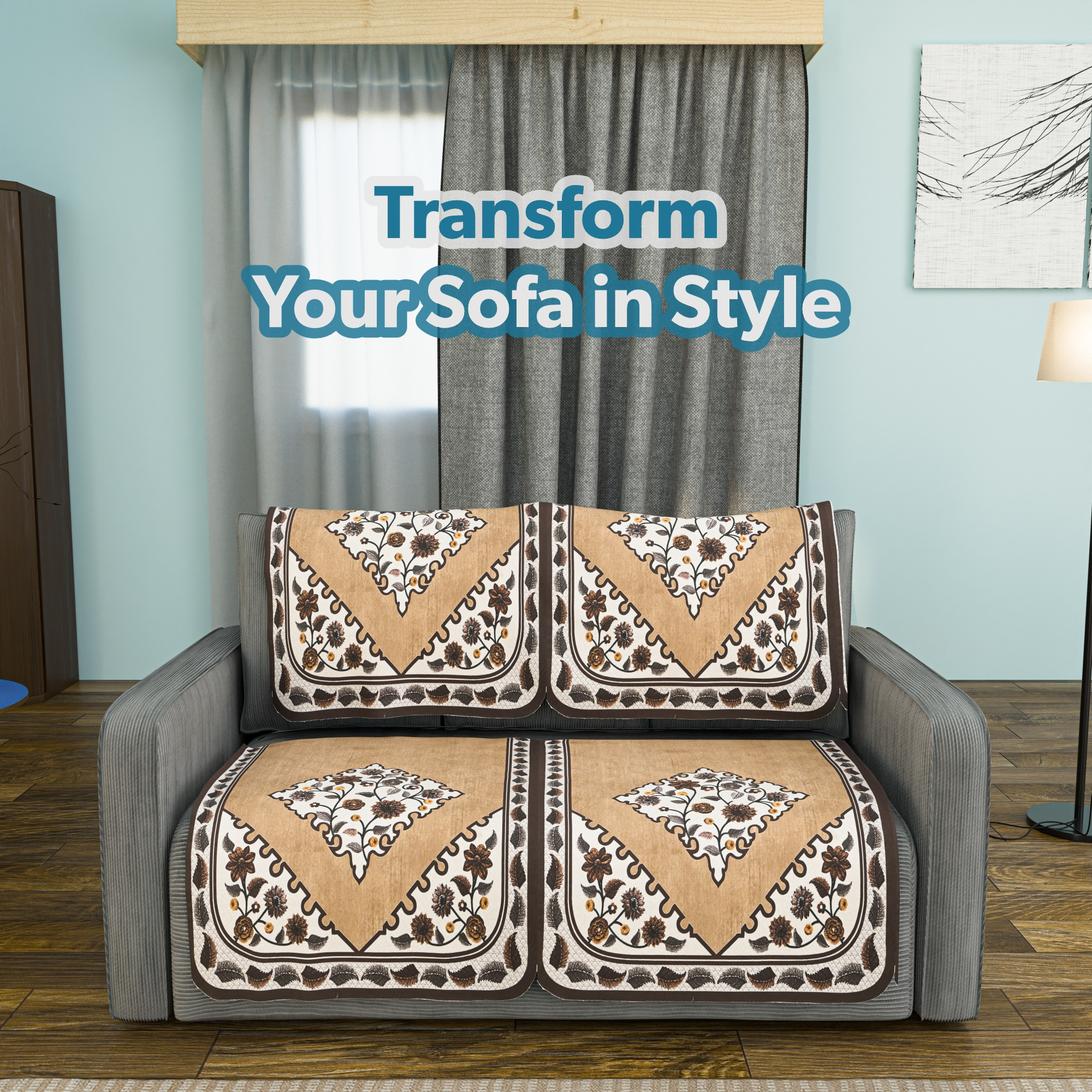 Kuber Industries  Stylish  Durable Cotton Sofa Covers   Washable Sofa ProtectorMat  Slipcover for Hall Living Room  Office  Triangle Border Flower - Brown