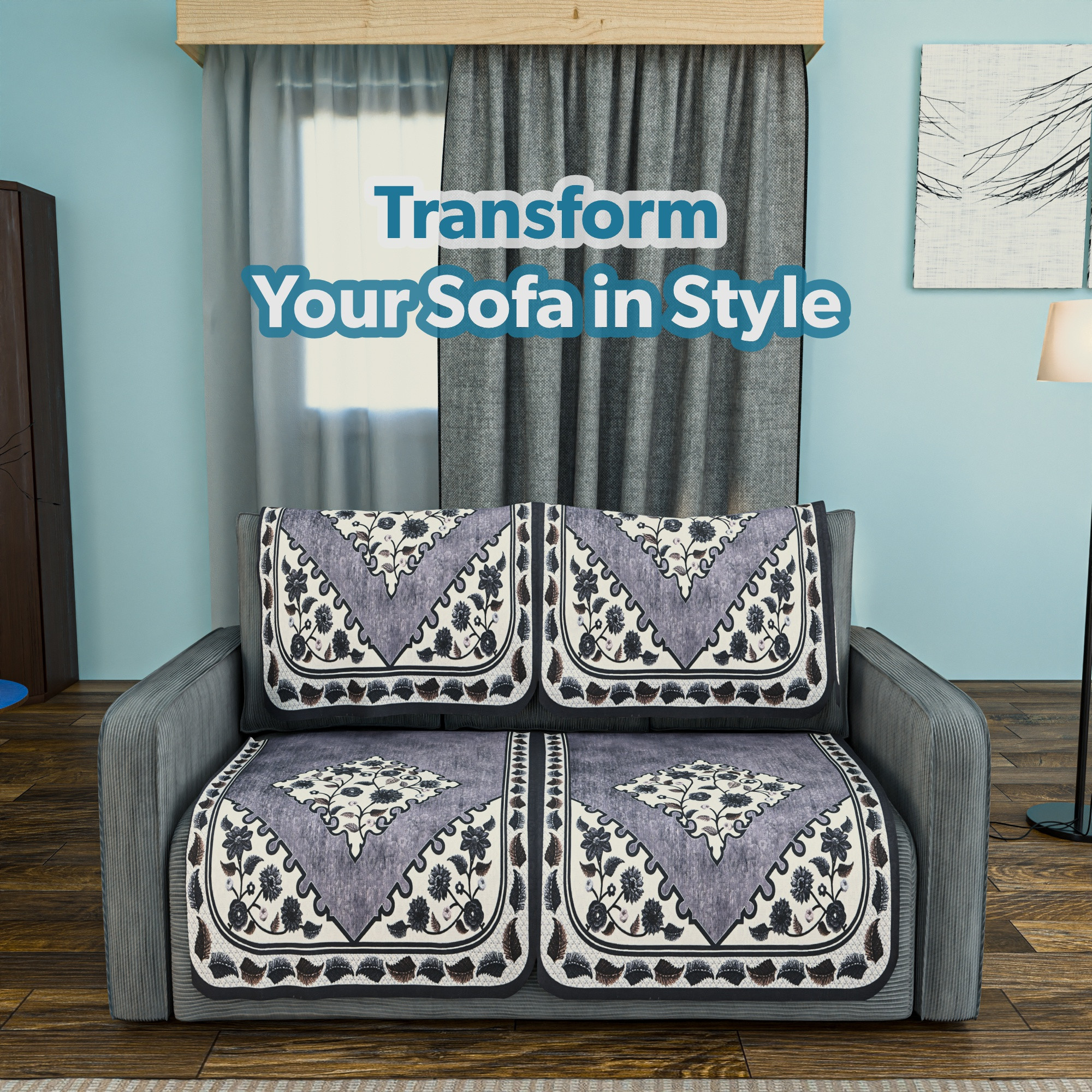 Kuber Industries  Stylish  Durable Cotton Sofa Covers   Washable Sofa ProtectorMat  Slipcover for Hall Living Room  Office  Triangle Border Flower - Grey